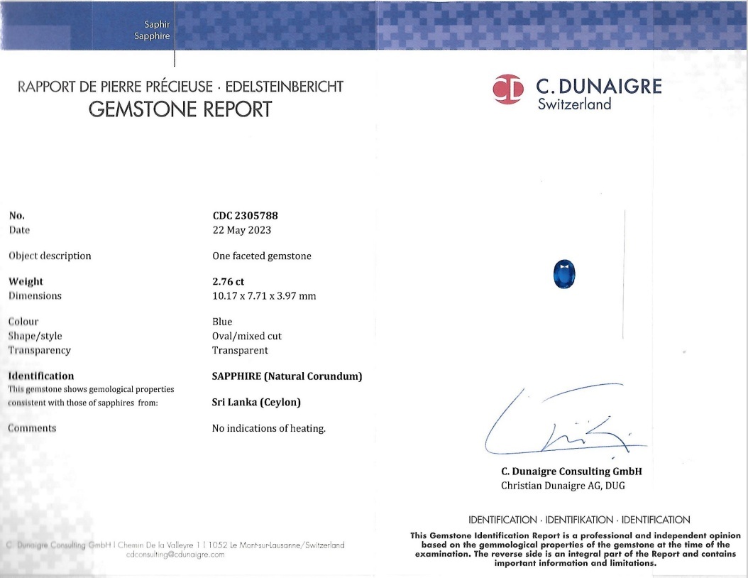 2.76 Ct. Blue Sapphire from Ceylon (Sri Lanka)
