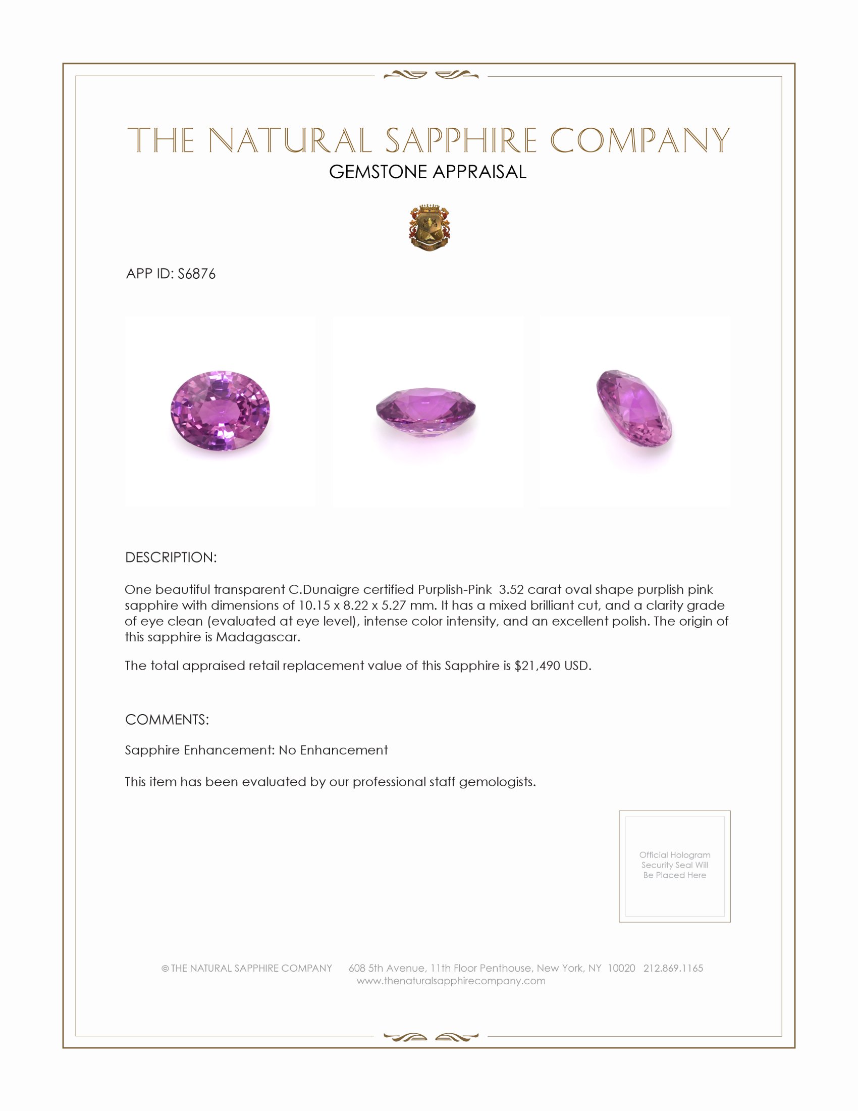 3.52 Ct. Purplish Pink Sapphire from Madagascar