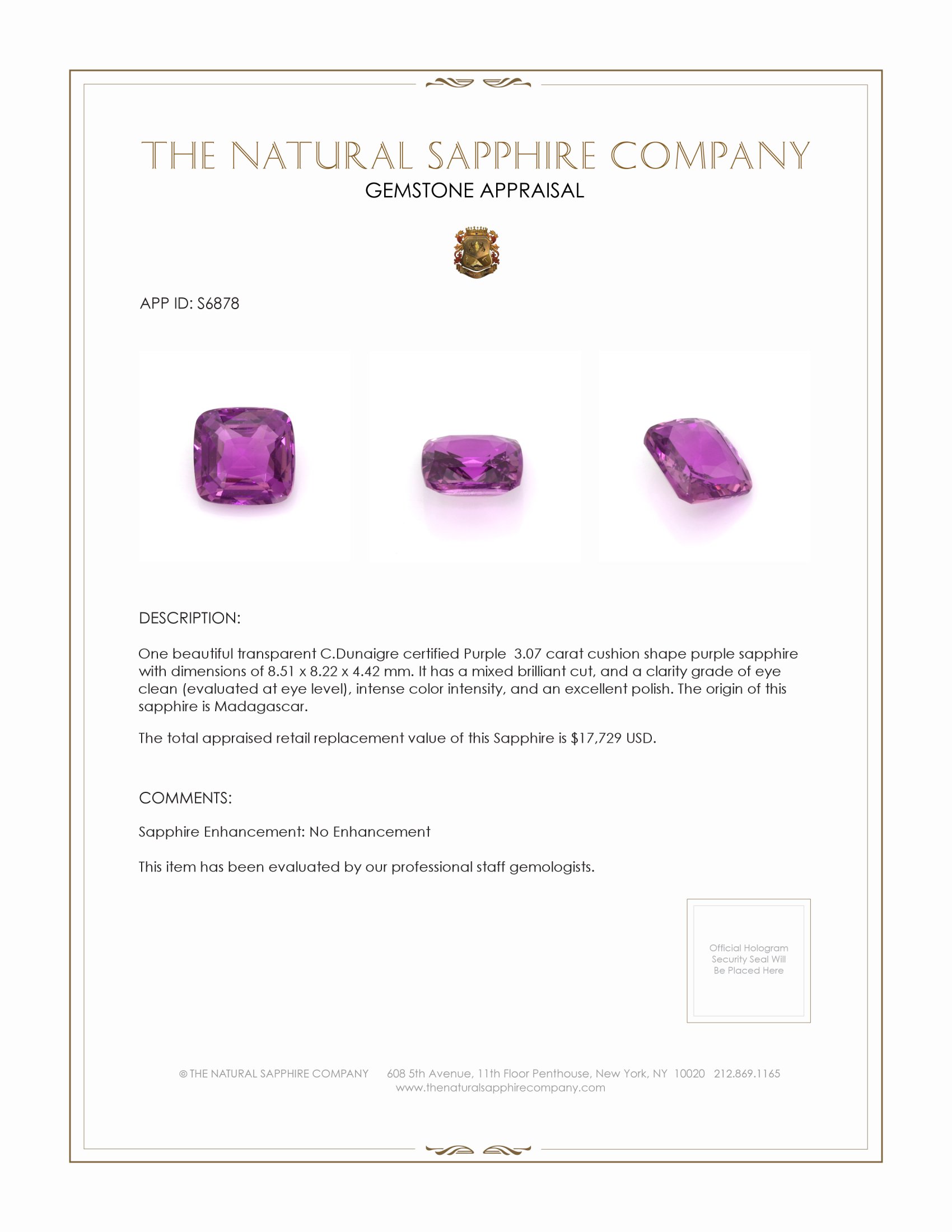 3.07 Ct. Purple Sapphire from Madagascar