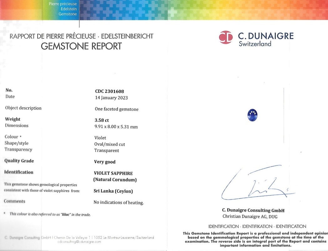 3.58 Ct. Violet Sapphire from Ceylon (Sri Lanka)