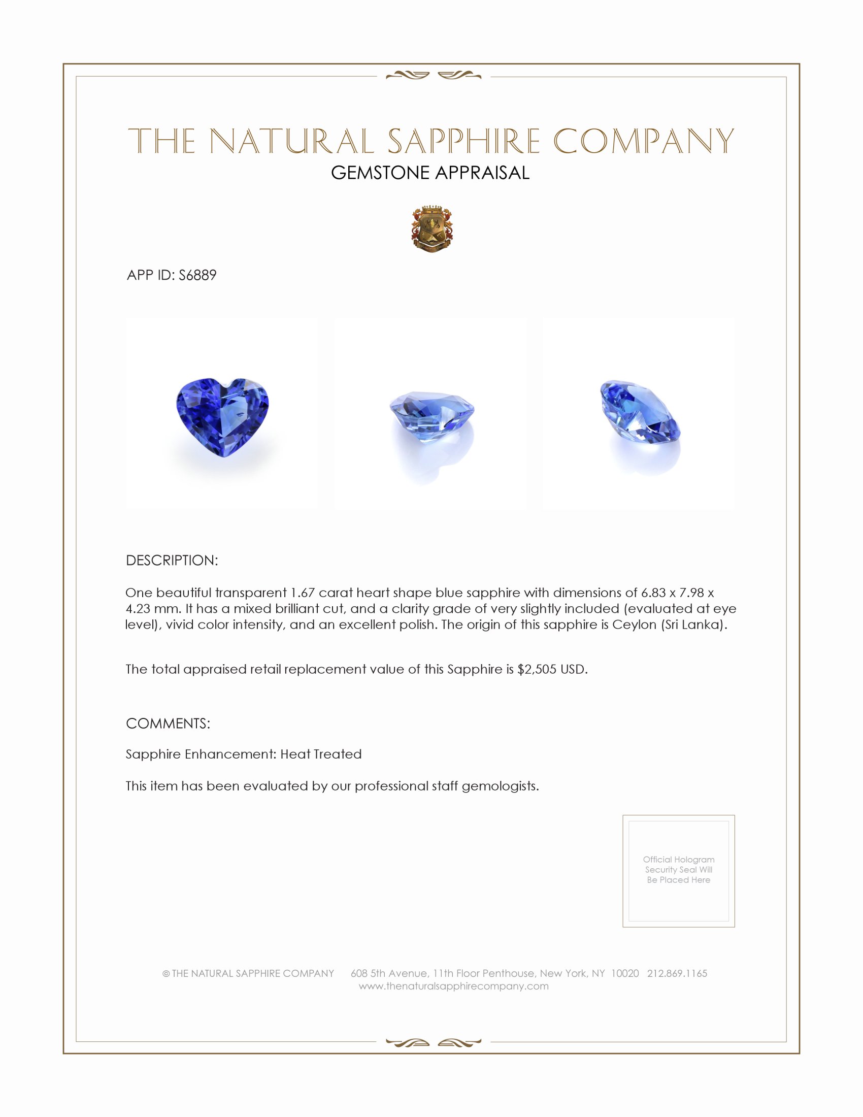 1.67 Ct. Blue Sapphire from Ceylon (Sri Lanka)