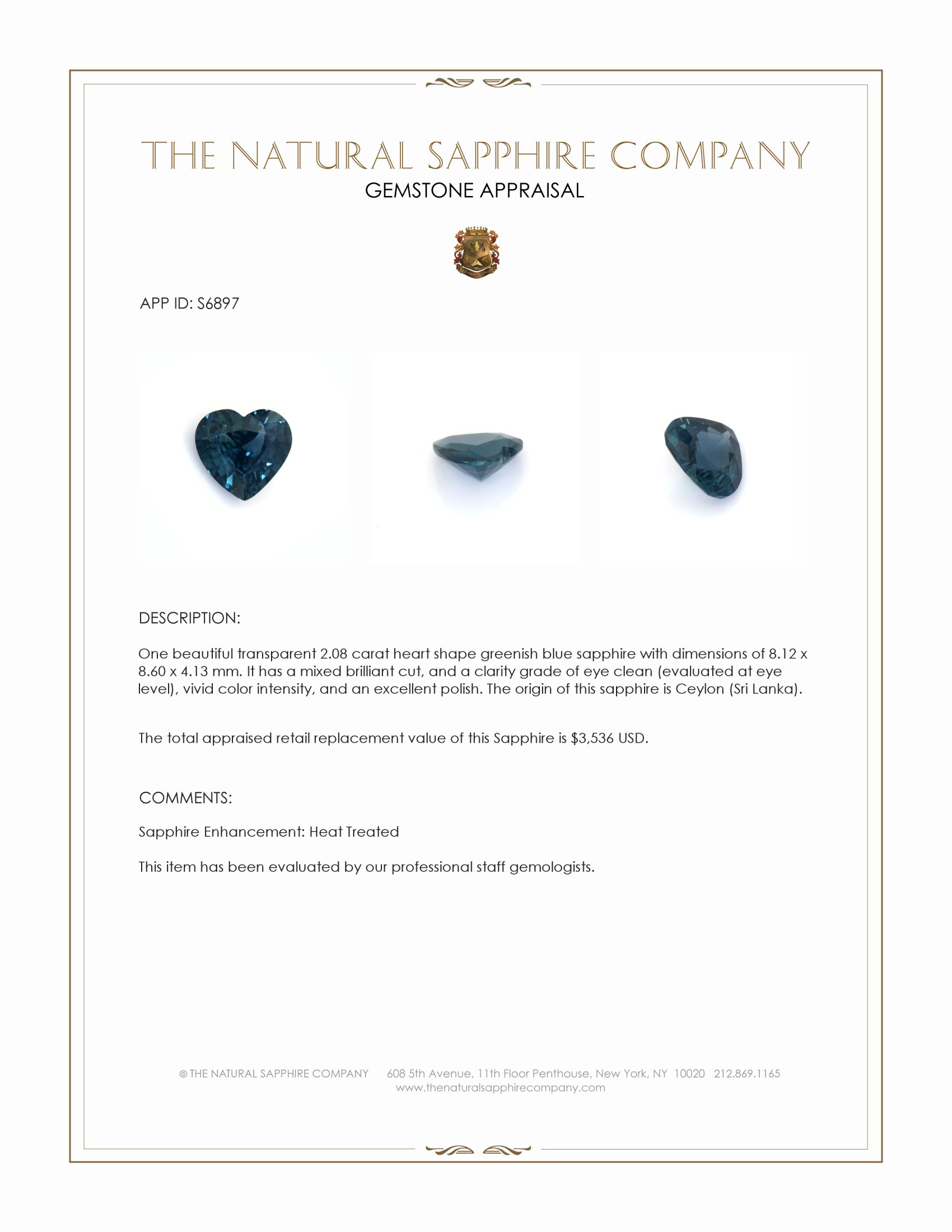 2.08 Ct. Greenish Blue Sapphire from Ceylon (Sri Lanka)