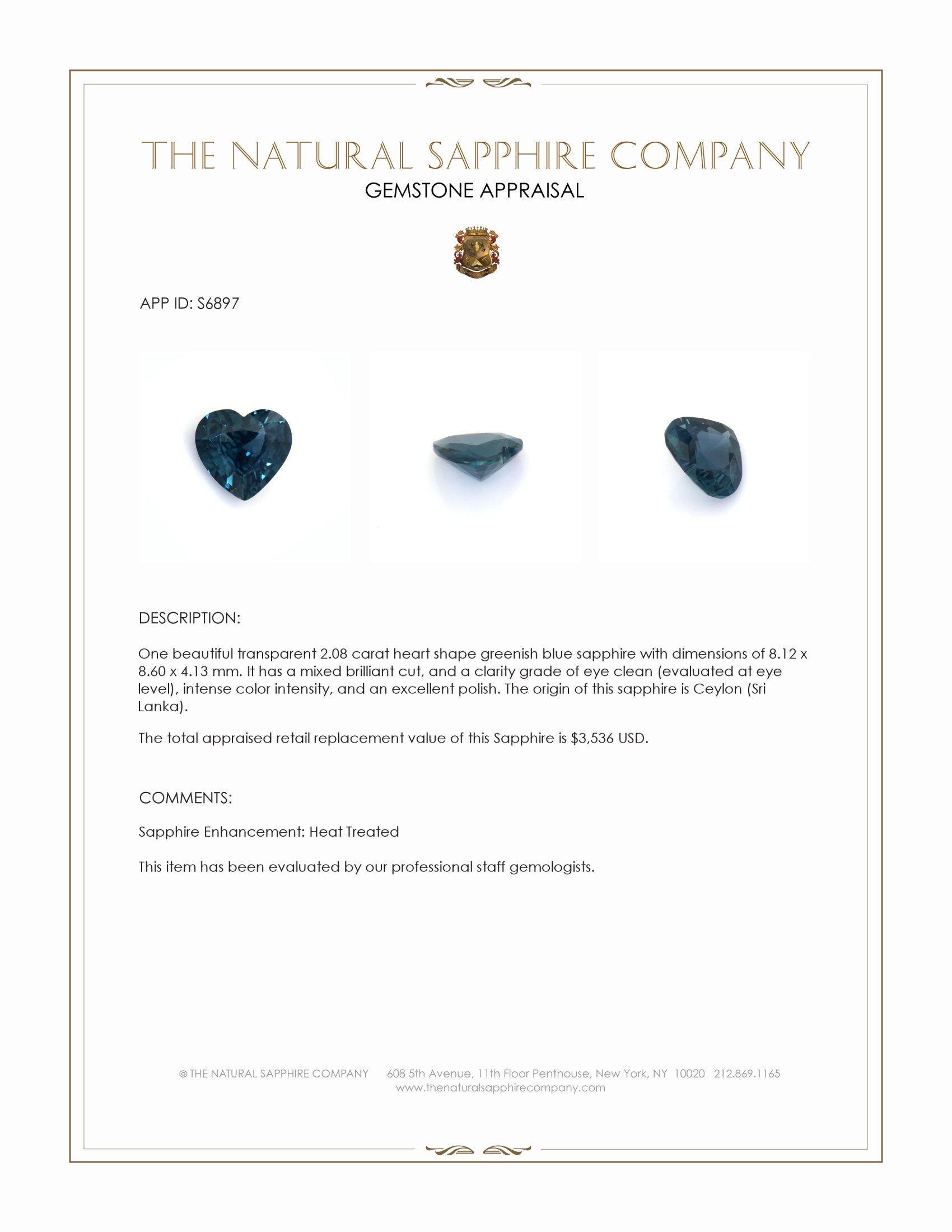 2.08 Ct. Greenish Blue Sapphire from Ceylon (Sri Lanka)