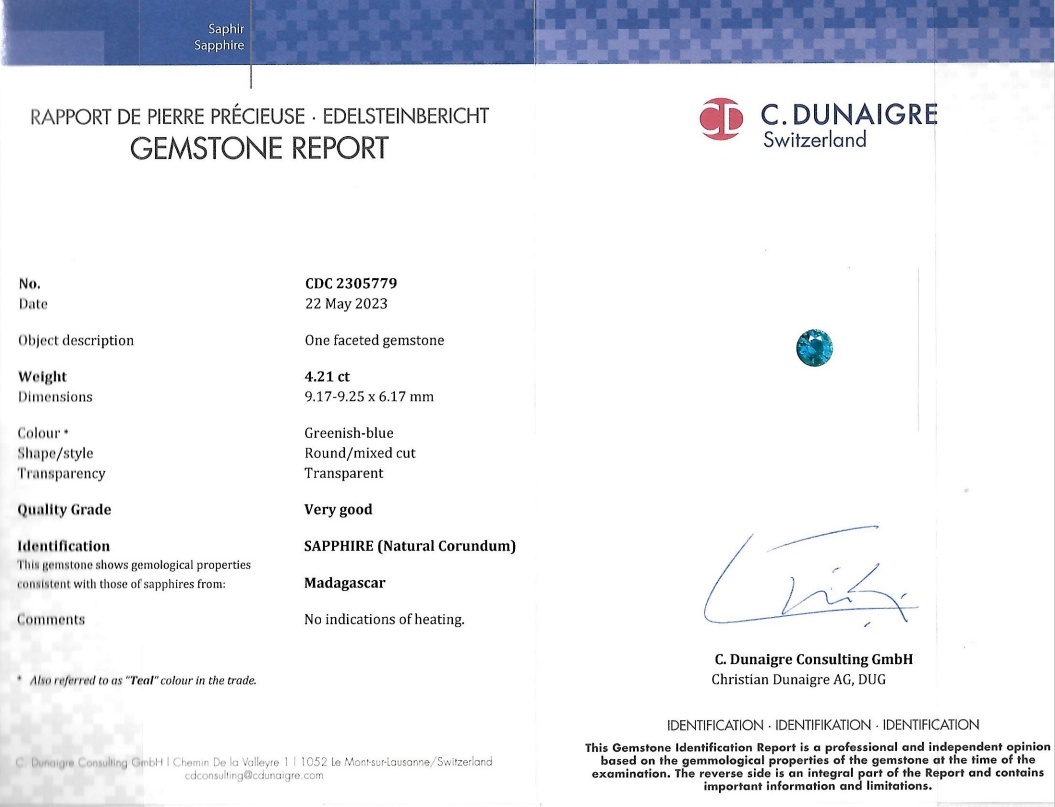 4.21 Ct. Greenish Blue Sapphire from Madagascar