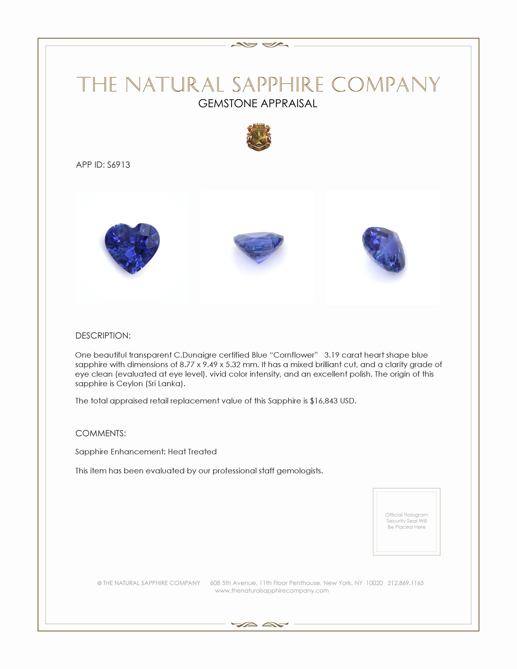 3.19 Ct. Blue Sapphire from Ceylon (Sri Lanka)
