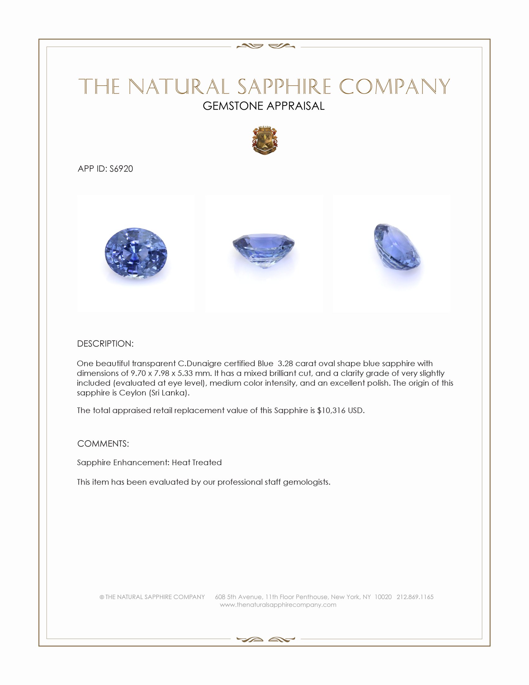3.28 Ct. Blue Sapphire from Ceylon (Sri Lanka)