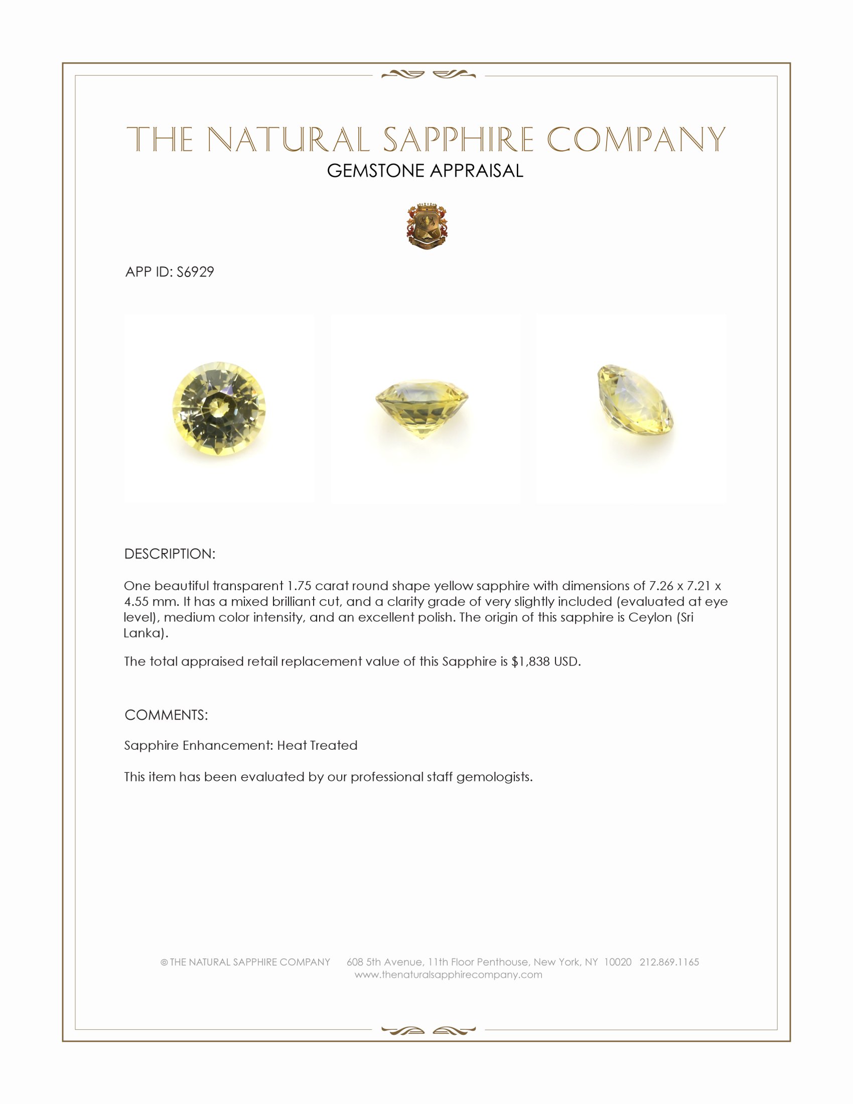 1.75 Ct. Yellow Sapphire from Ceylon (Sri Lanka)