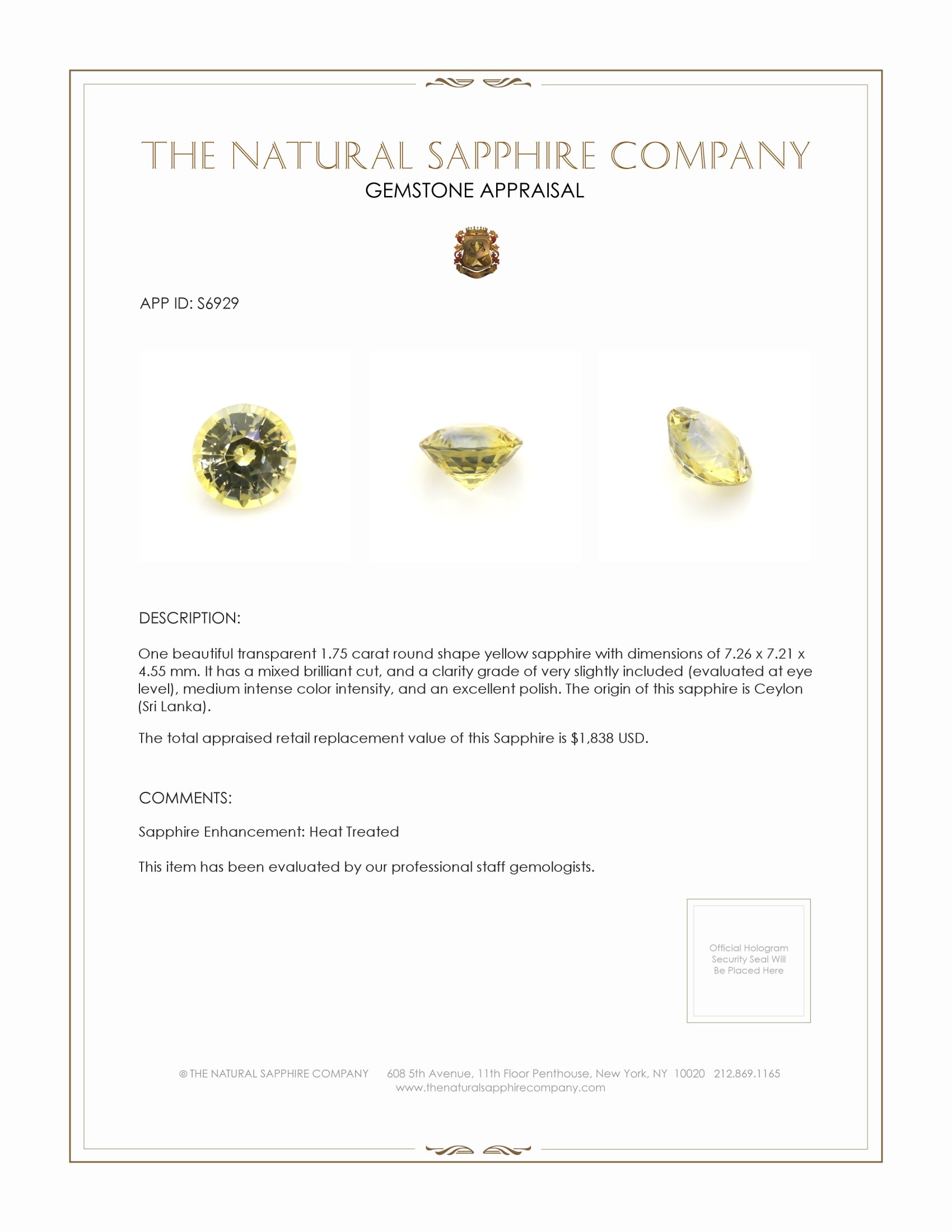1.75 Ct. Yellow Sapphire from Ceylon (Sri Lanka)