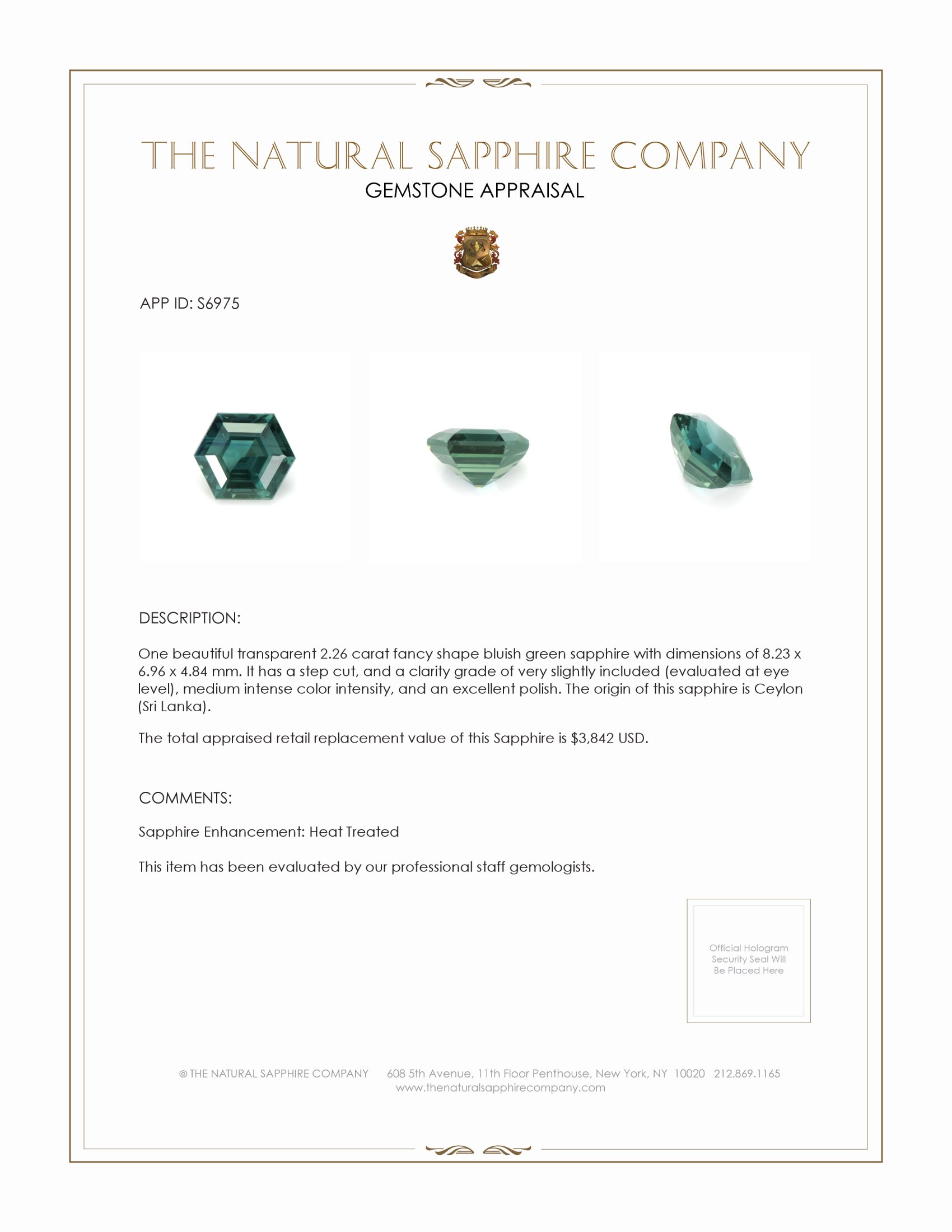 2.26 Ct. Bluish Green Sapphire from Ceylon (Sri Lanka)