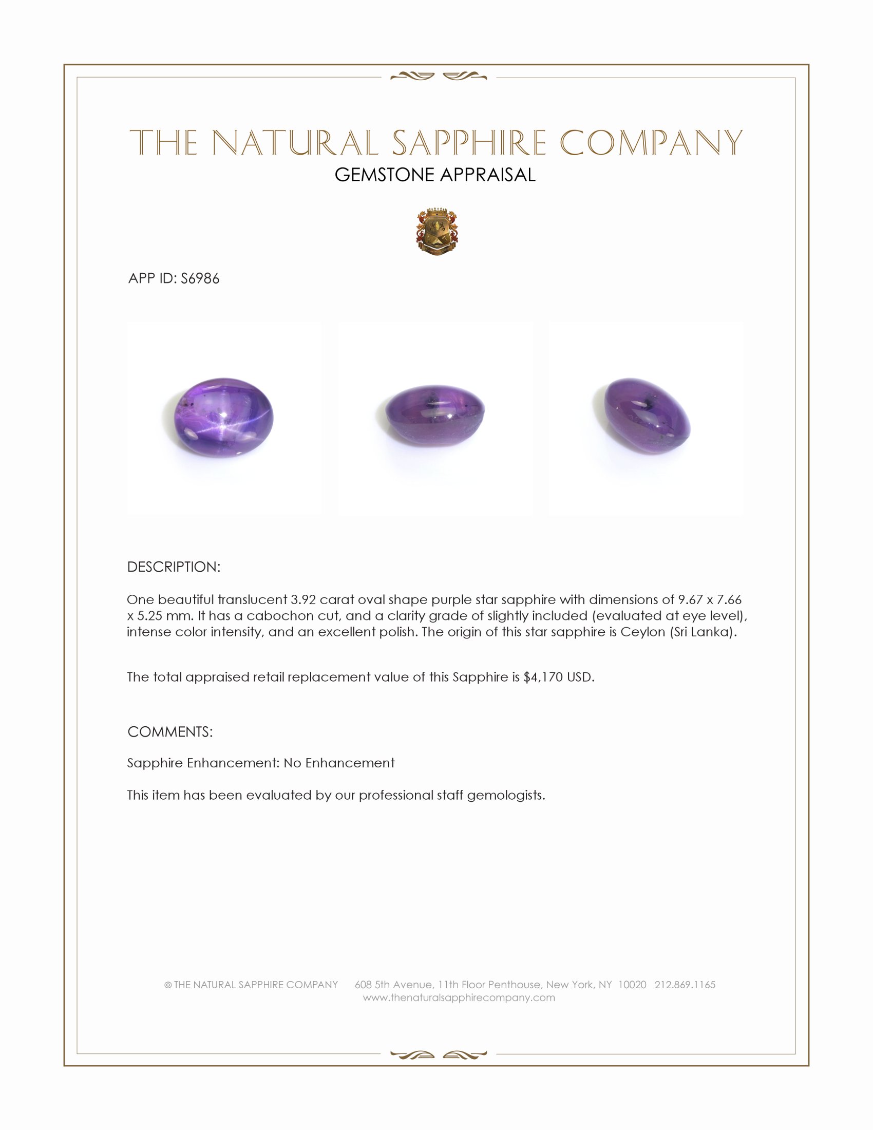 3.92 Ct. Purple Star Sapphire from Ceylon (Sri Lanka)