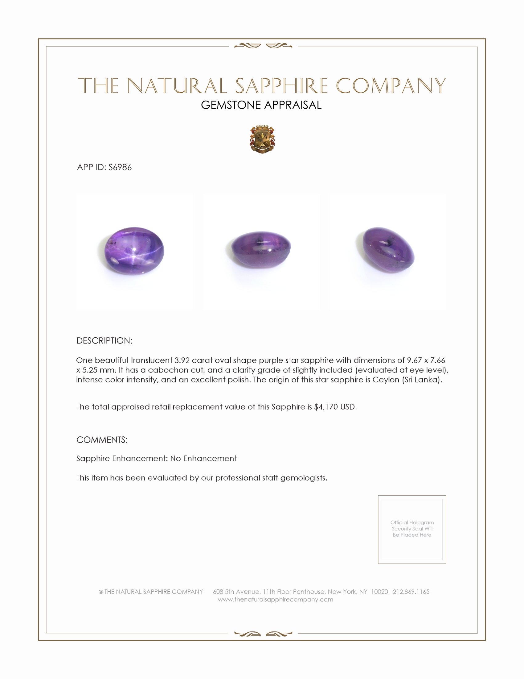 3.92 Ct. Purple Star Sapphire from Ceylon (Sri Lanka)