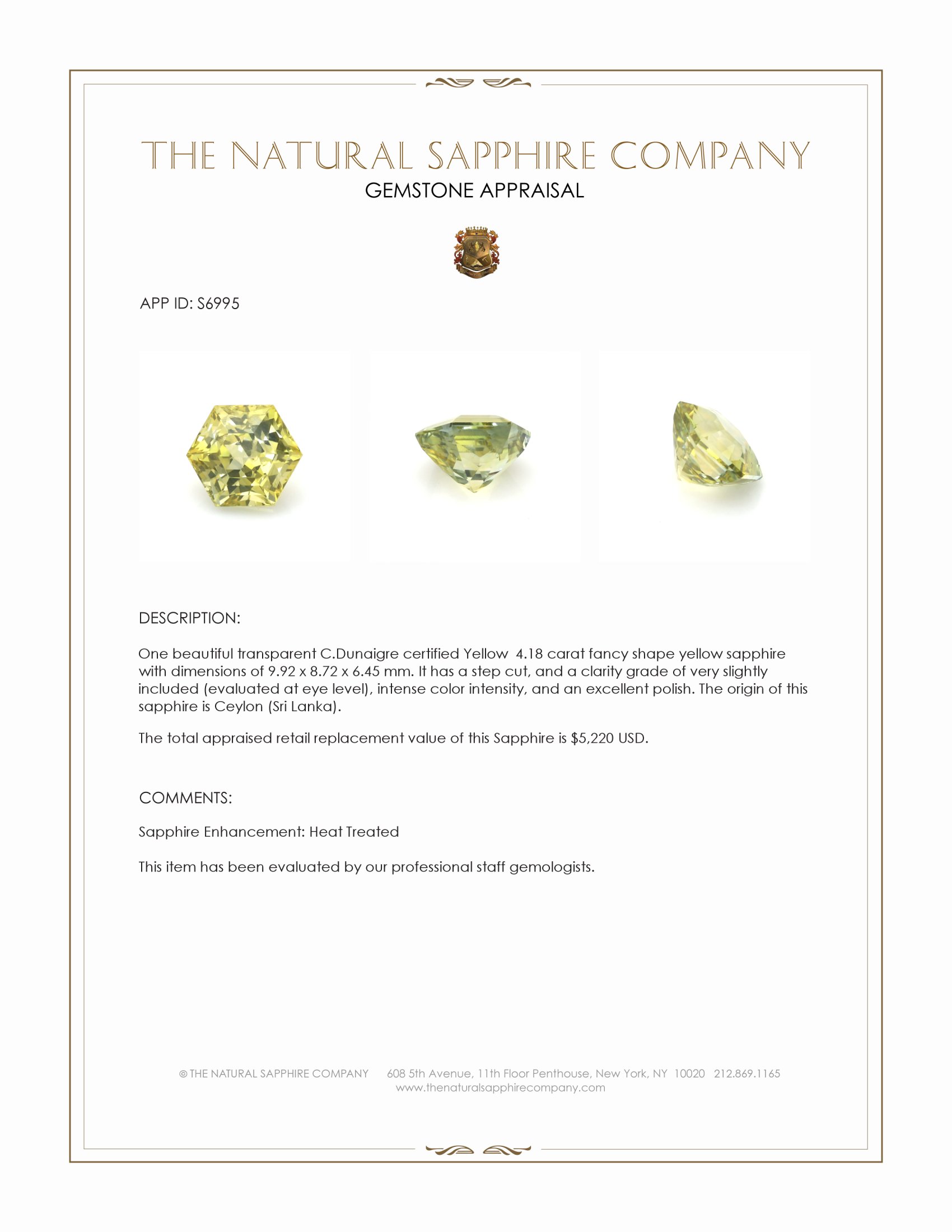 4.18 Ct. Yellow Sapphire from Ceylon (Sri Lanka)