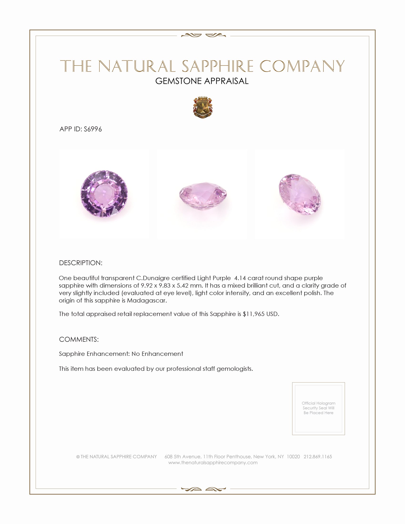 4.14 Ct. Purple Sapphire from Madagascar