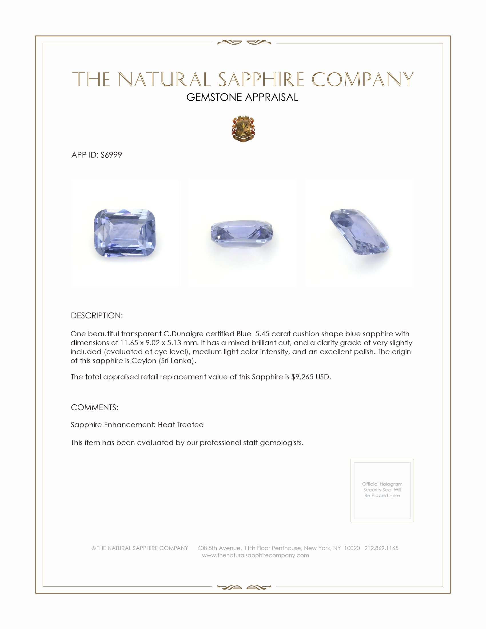 5.45 Ct. Blue Sapphire from Ceylon (Sri Lanka)