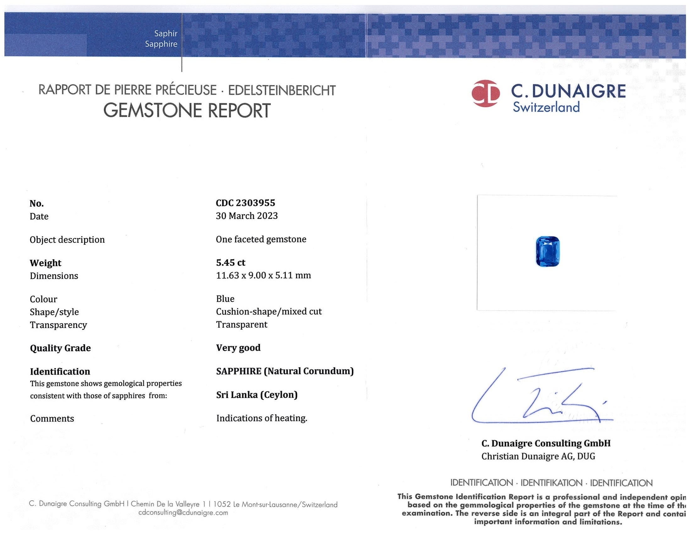 5.45 Ct. Blue Sapphire from Ceylon (Sri Lanka)