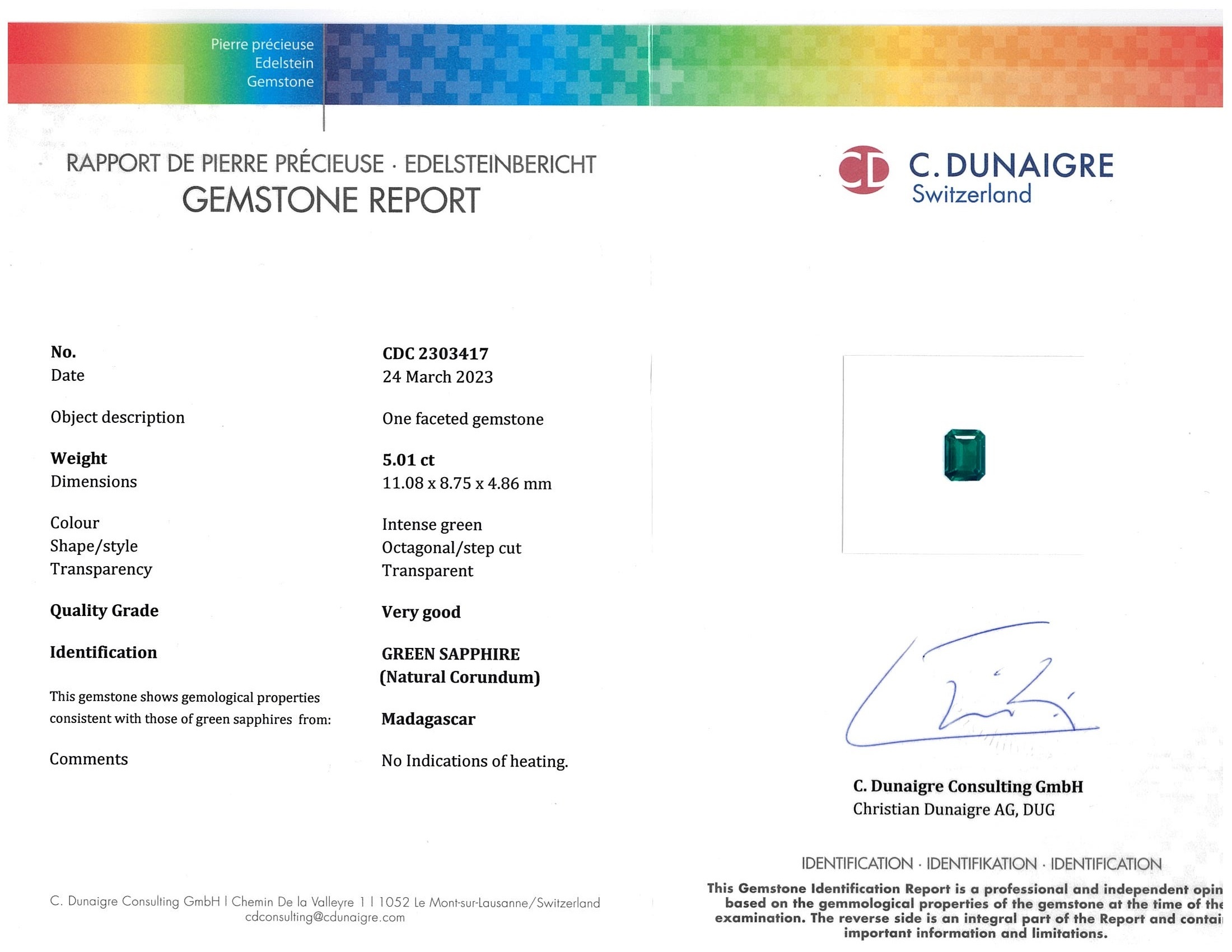 5.01 Ct. Bluish Green Sapphire from Madagascar