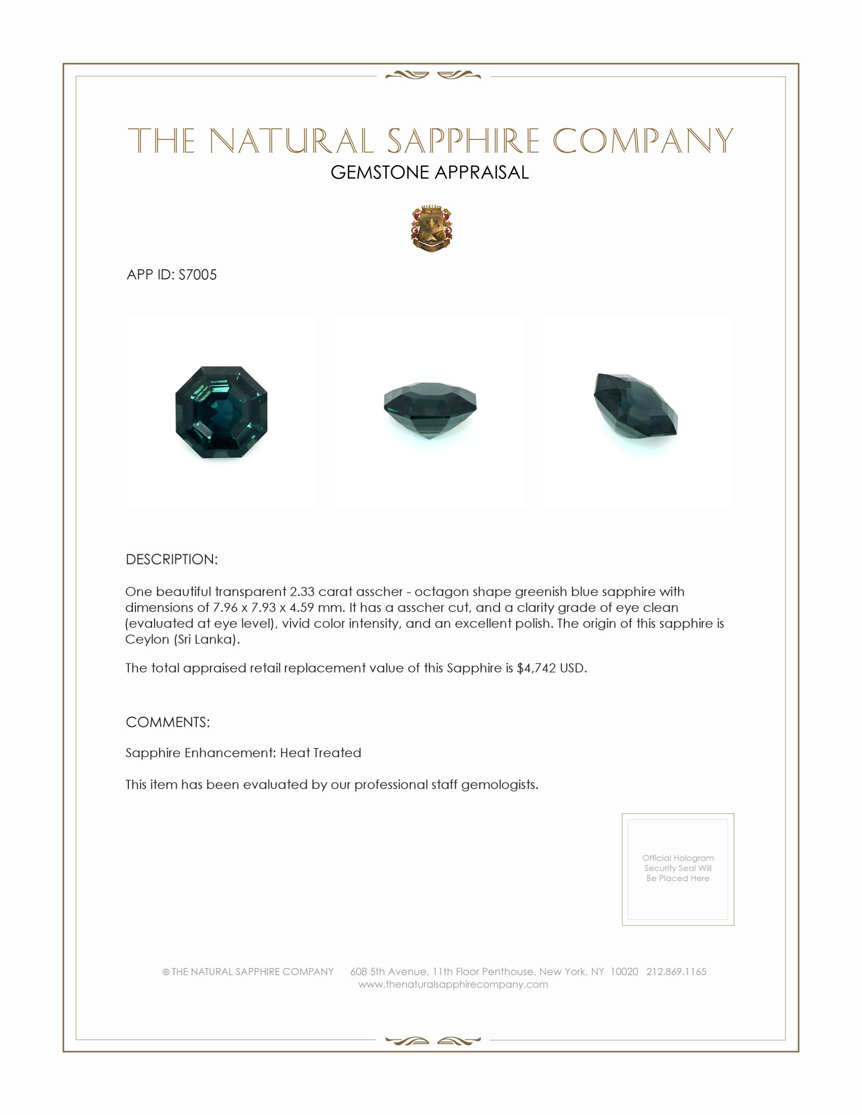 2.33 Ct. Greenish Blue Sapphire from Ceylon (Sri Lanka)
