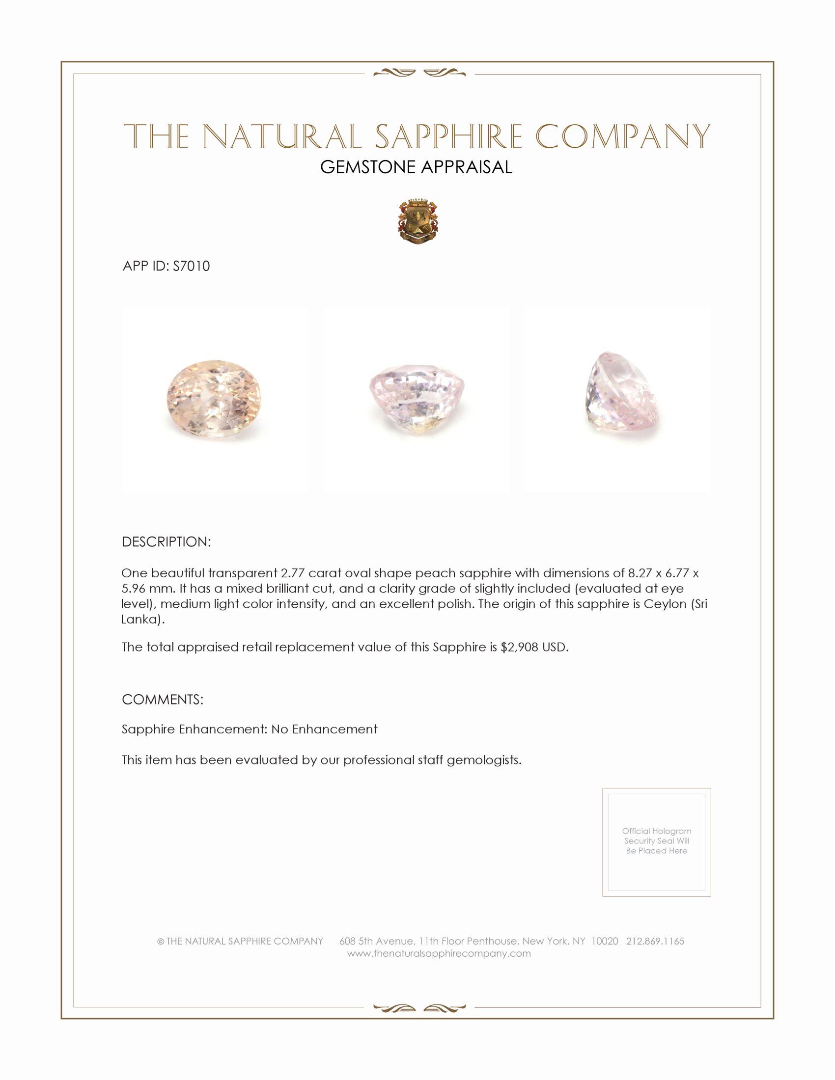 2.77 Ct. Peach Sapphire from Ceylon (Sri Lanka)