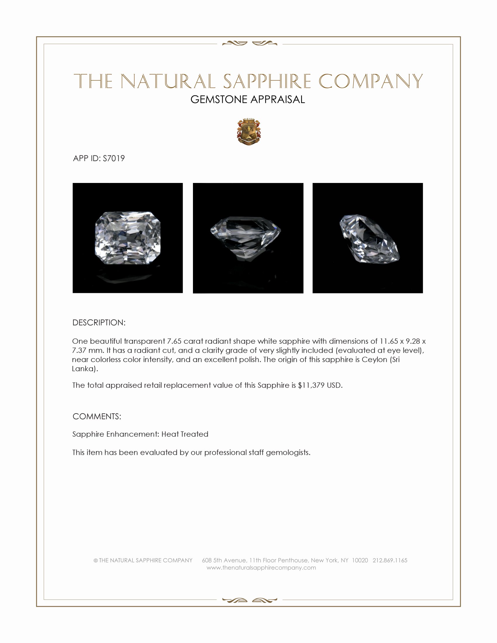 7.65 Ct. White Sapphire from Ceylon (Sri Lanka)