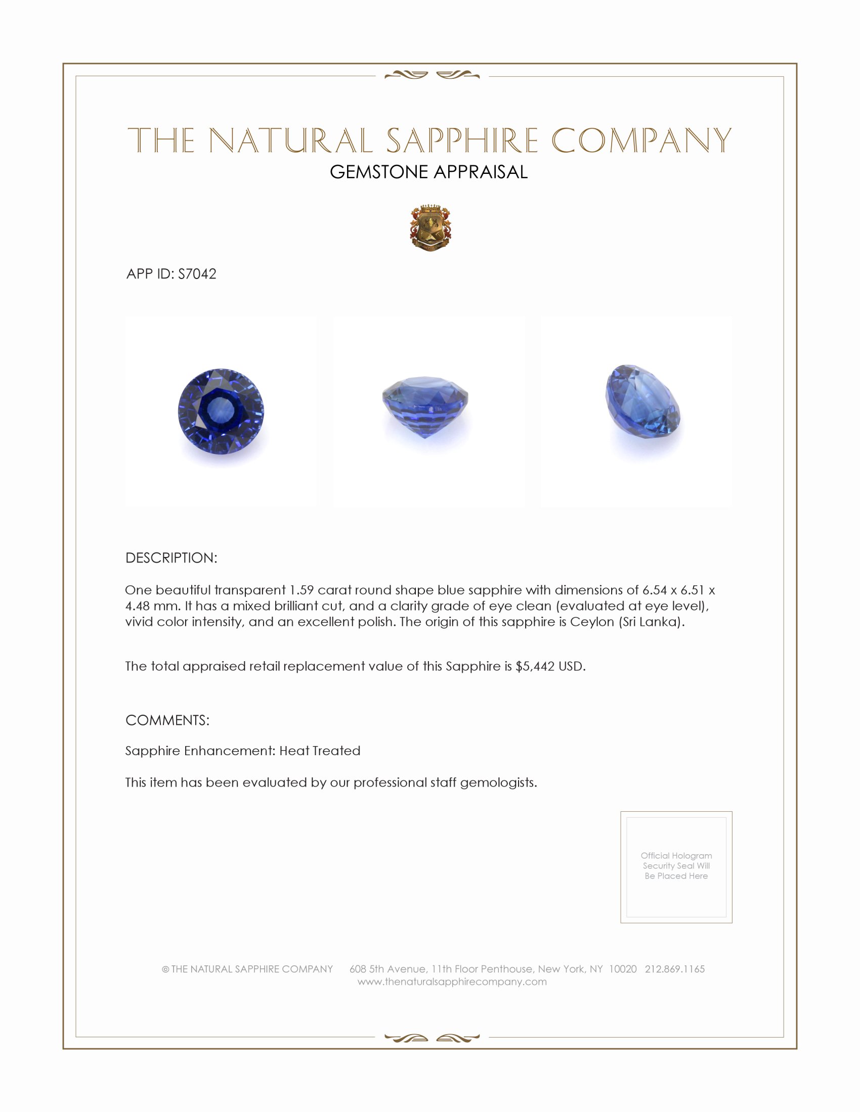 1.59 Ct. Blue Sapphire from Ceylon (Sri Lanka)