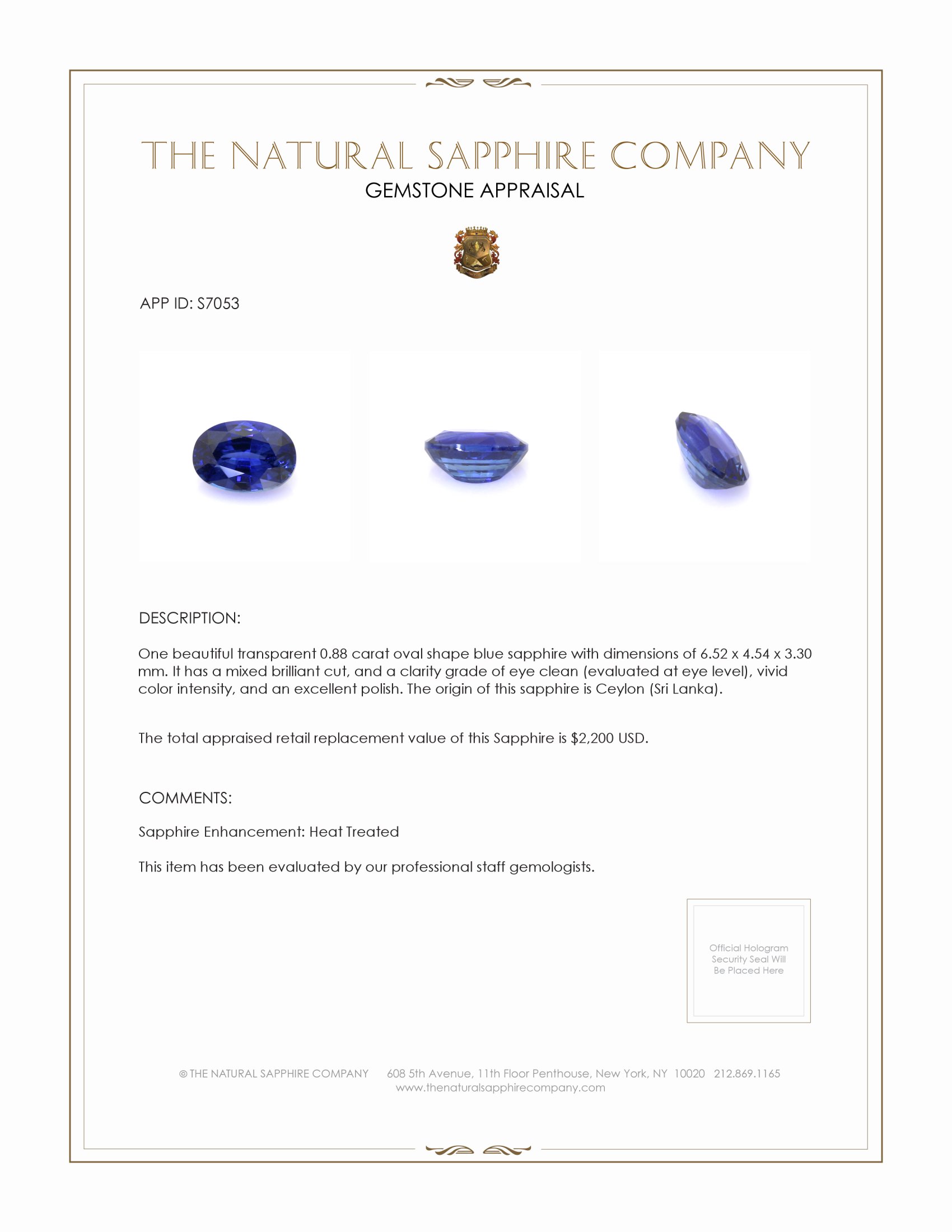 0.88 Ct. Blue Sapphire from Ceylon (Sri Lanka)