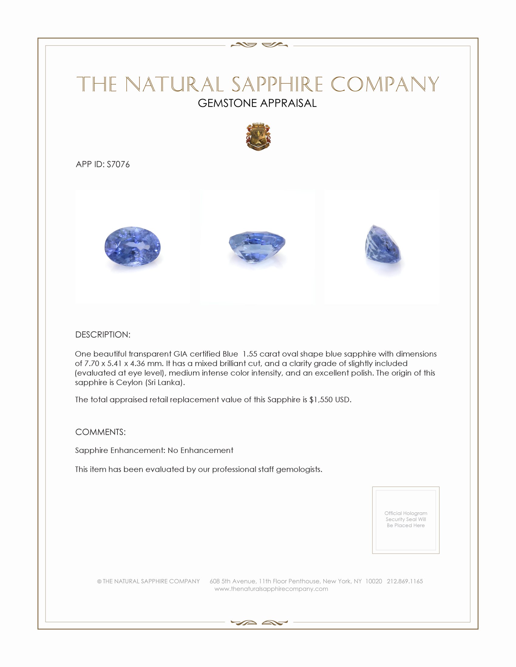 1.55 Ct. Blue Sapphire from Ceylon (Sri Lanka)