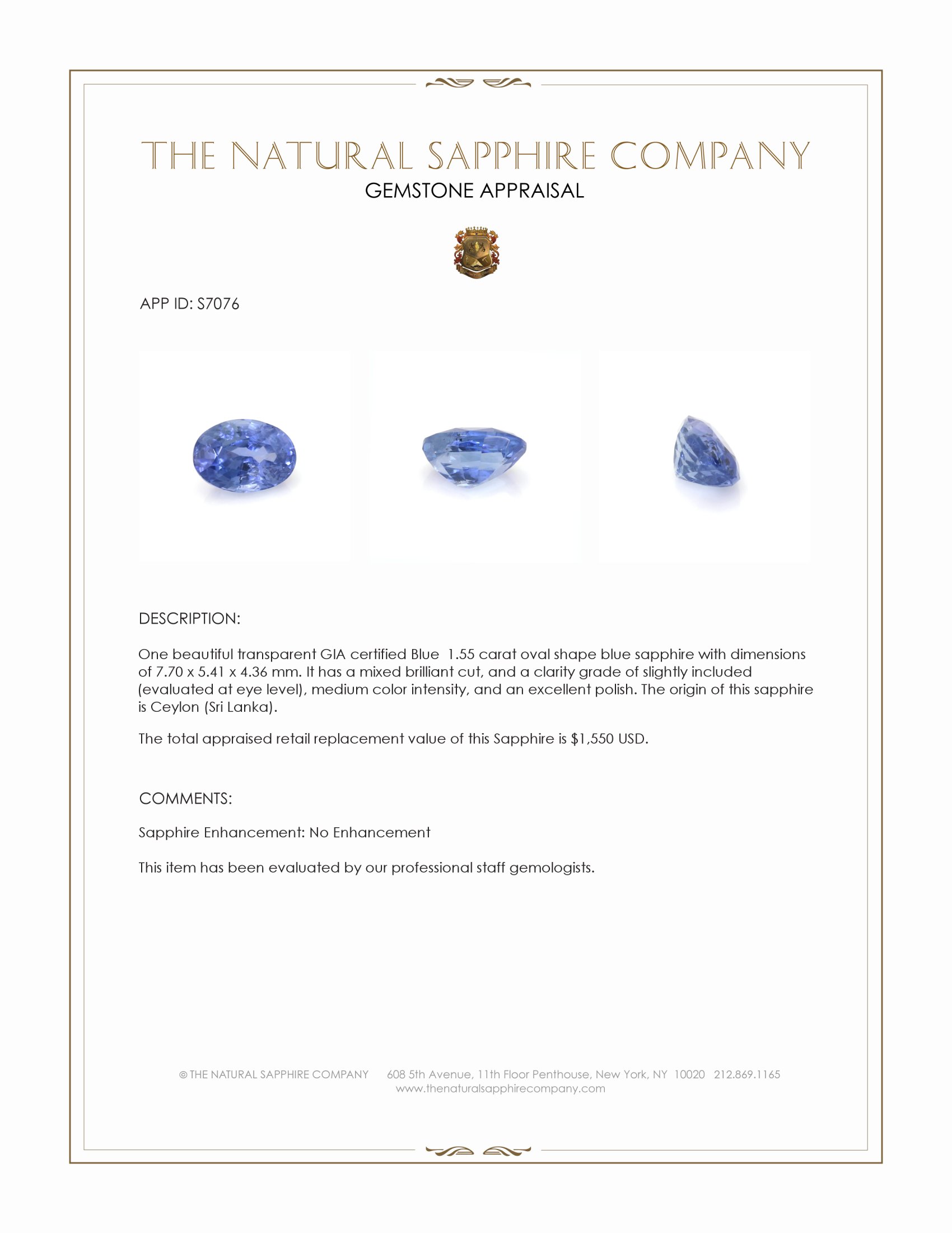 1.55 Ct. Blue Sapphire from Ceylon (Sri Lanka)