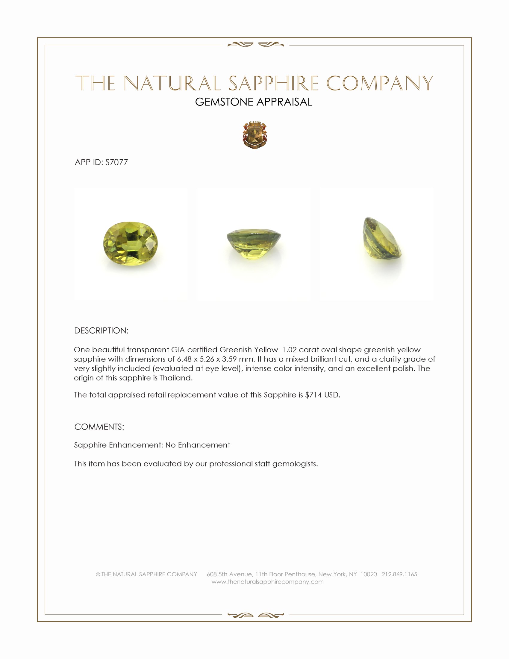 1.02 Ct. Greenish Yellow Sapphire from Thailand