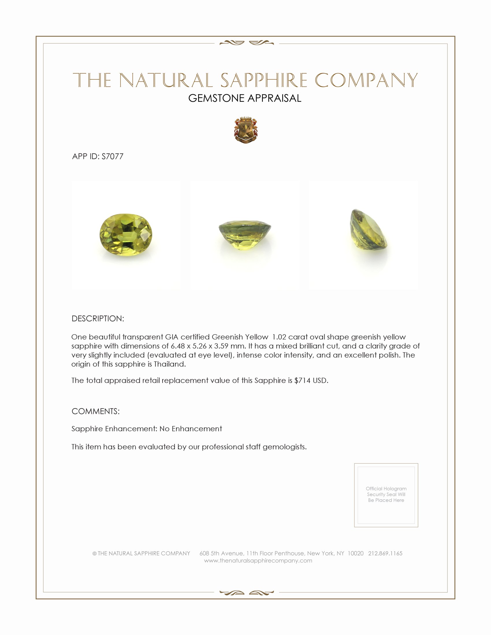 1.02 Ct. Greenish Yellow Sapphire from Thailand