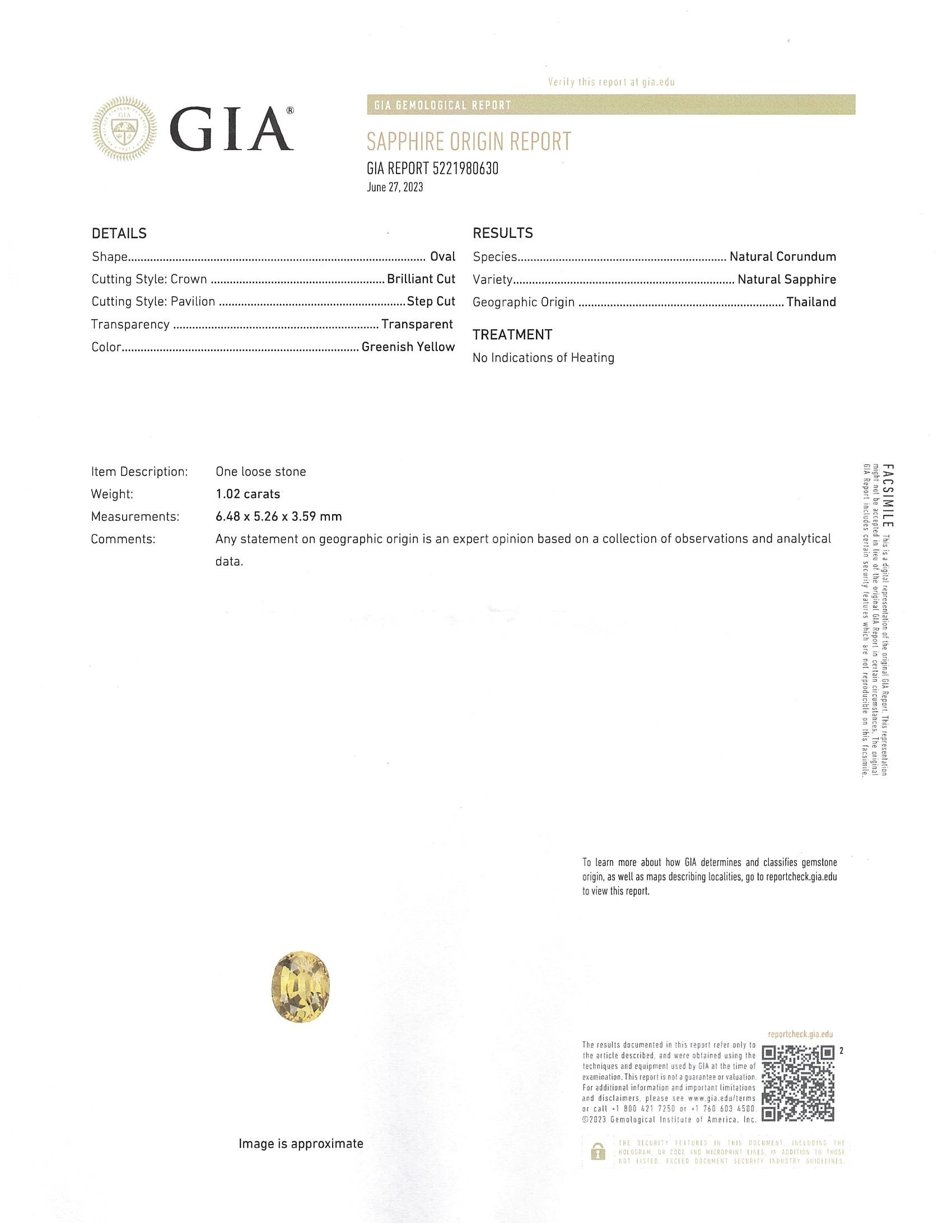 1.02 Ct. Greenish Yellow Sapphire from Thailand