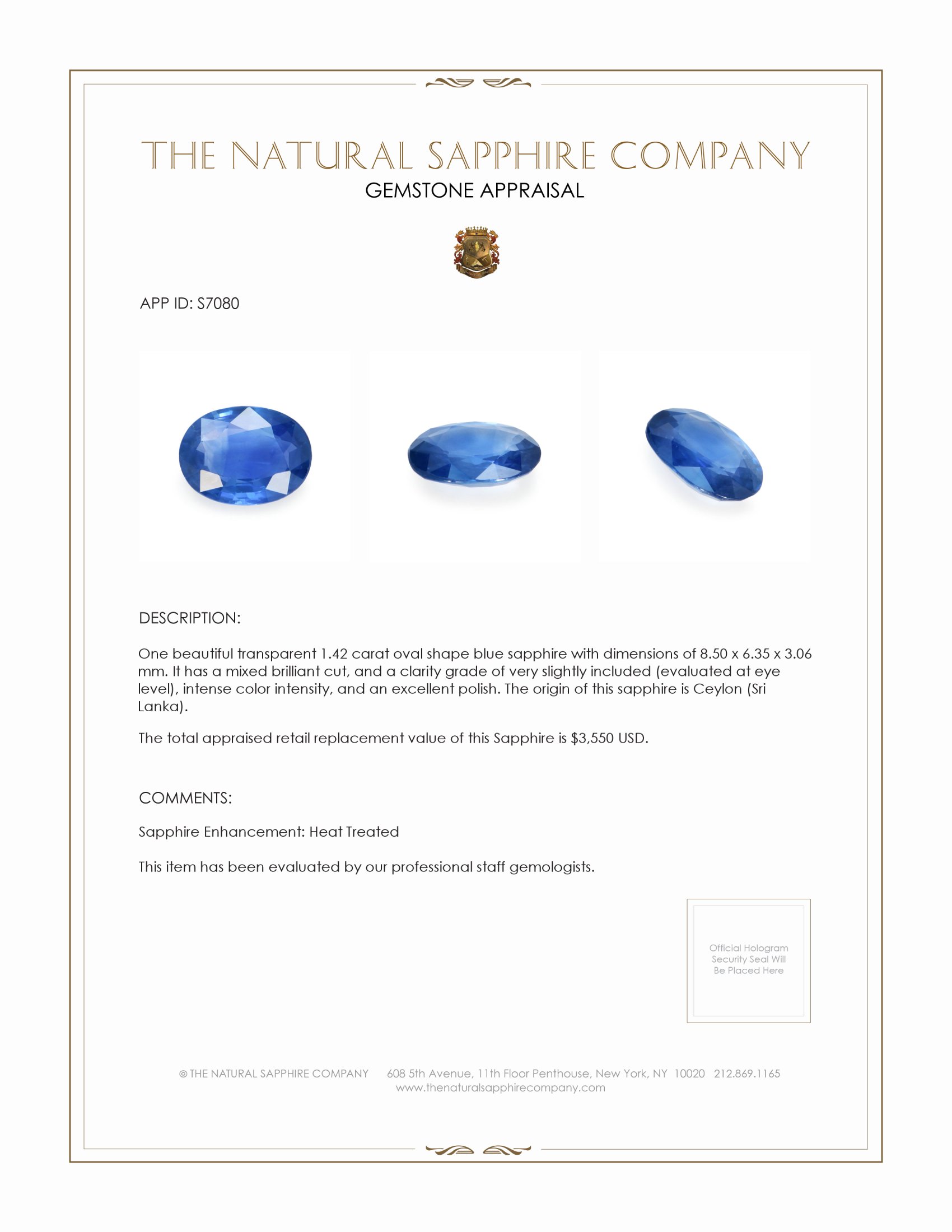 1.42 Ct. Blue Sapphire from Ceylon (Sri Lanka)