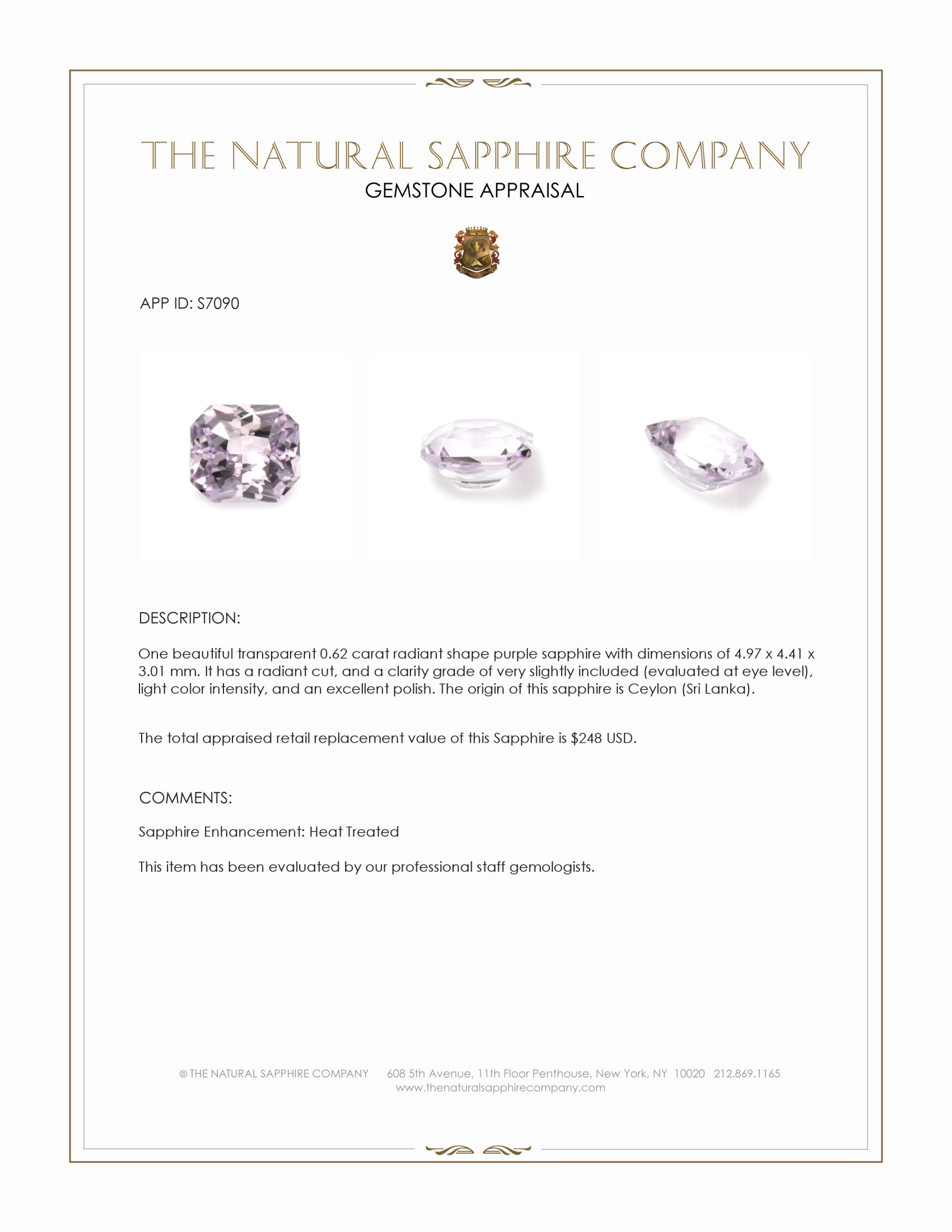 0.62 Ct. Purple Sapphire from Ceylon (Sri Lanka)