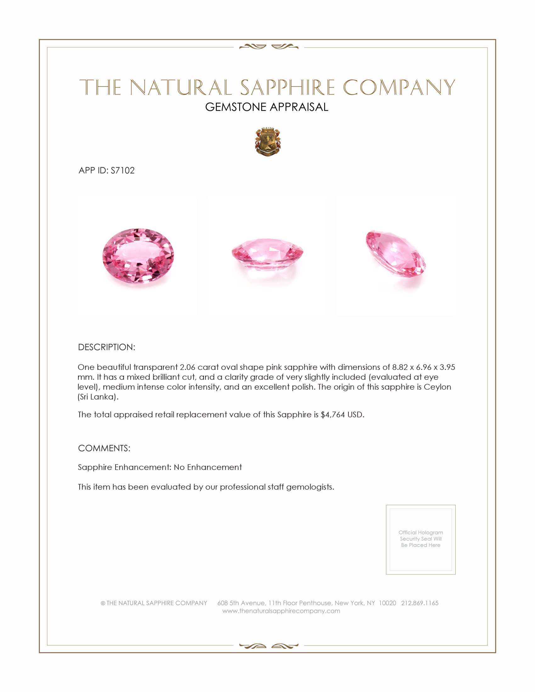 2.06 Ct. Pink Sapphire from Ceylon (Sri Lanka)