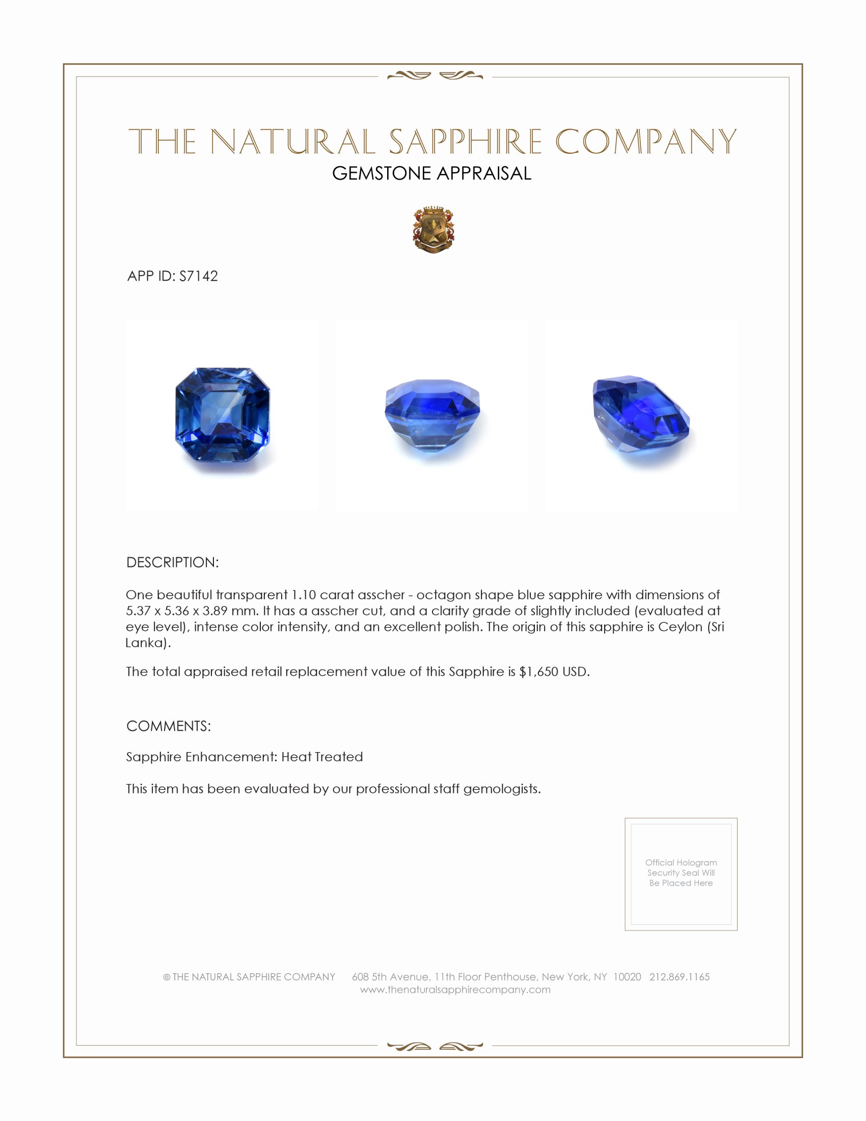 1.10 Ct. Blue Sapphire from Ceylon (Sri Lanka)
