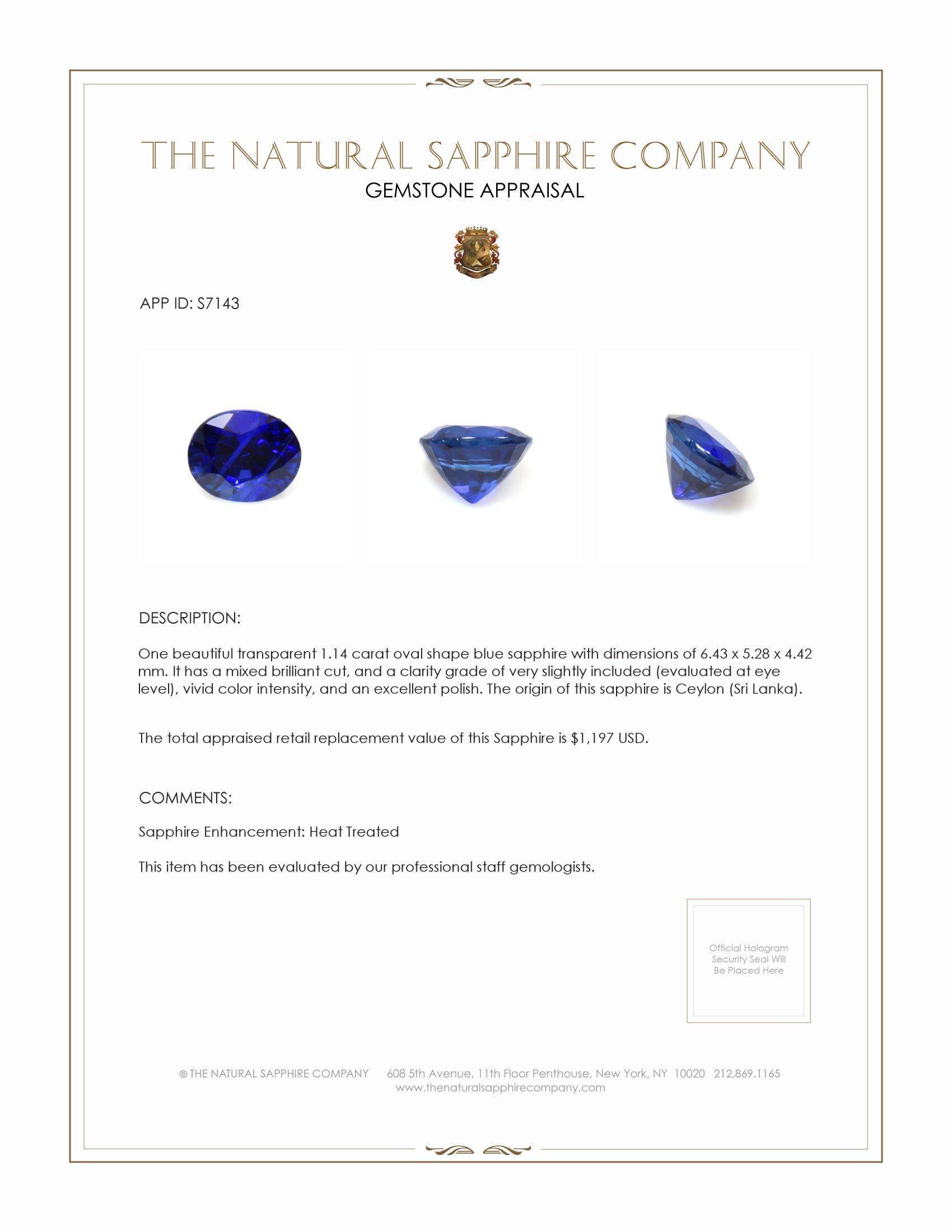 1.14 Ct. Blue Sapphire from Ceylon (Sri Lanka)
