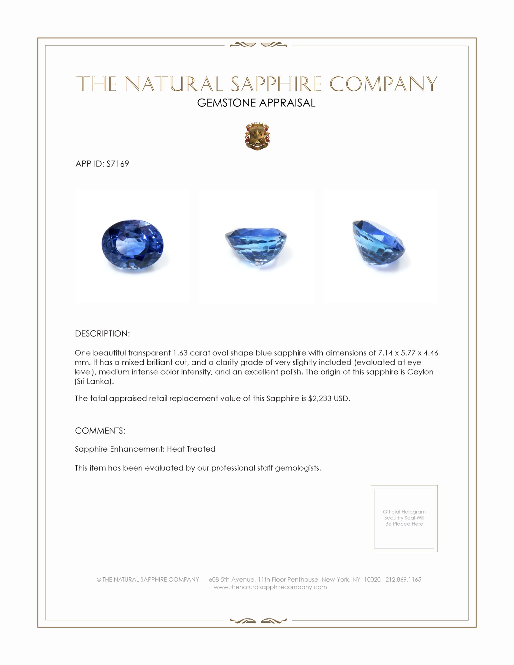 1.63 Ct. Blue Sapphire from Ceylon (Sri Lanka)