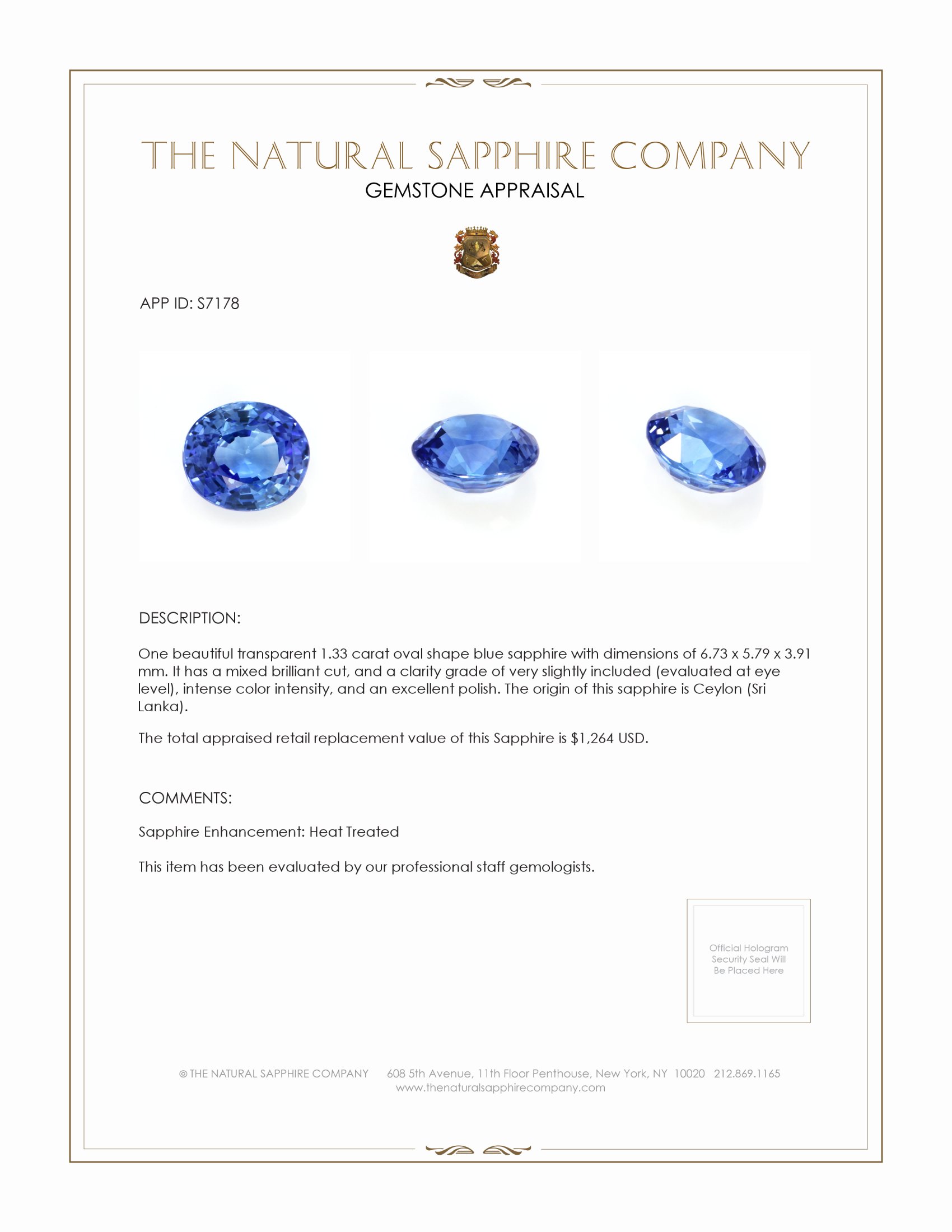 1.33 Ct. Blue Sapphire from Ceylon (Sri Lanka)