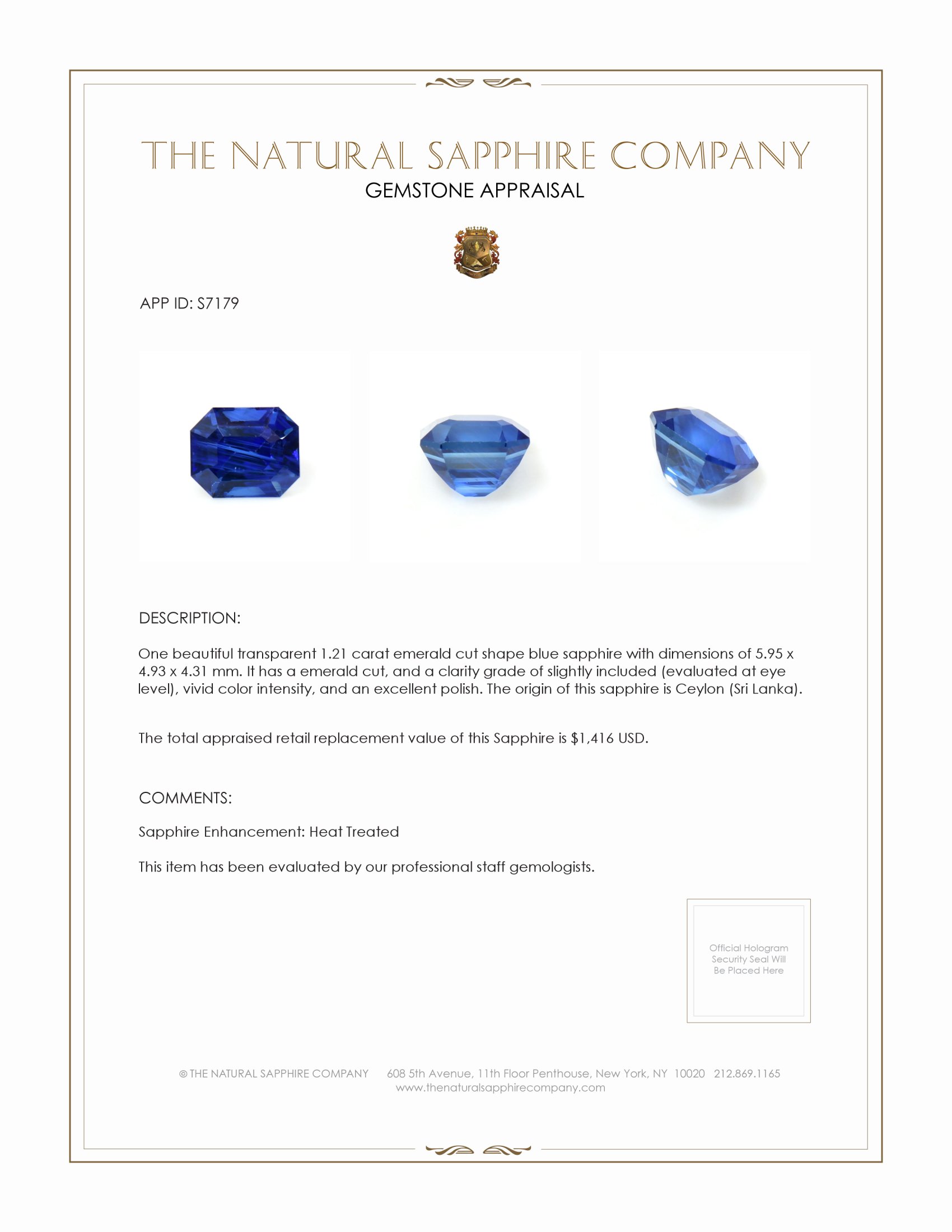 1.21 Ct. Blue Sapphire from Ceylon (Sri Lanka)