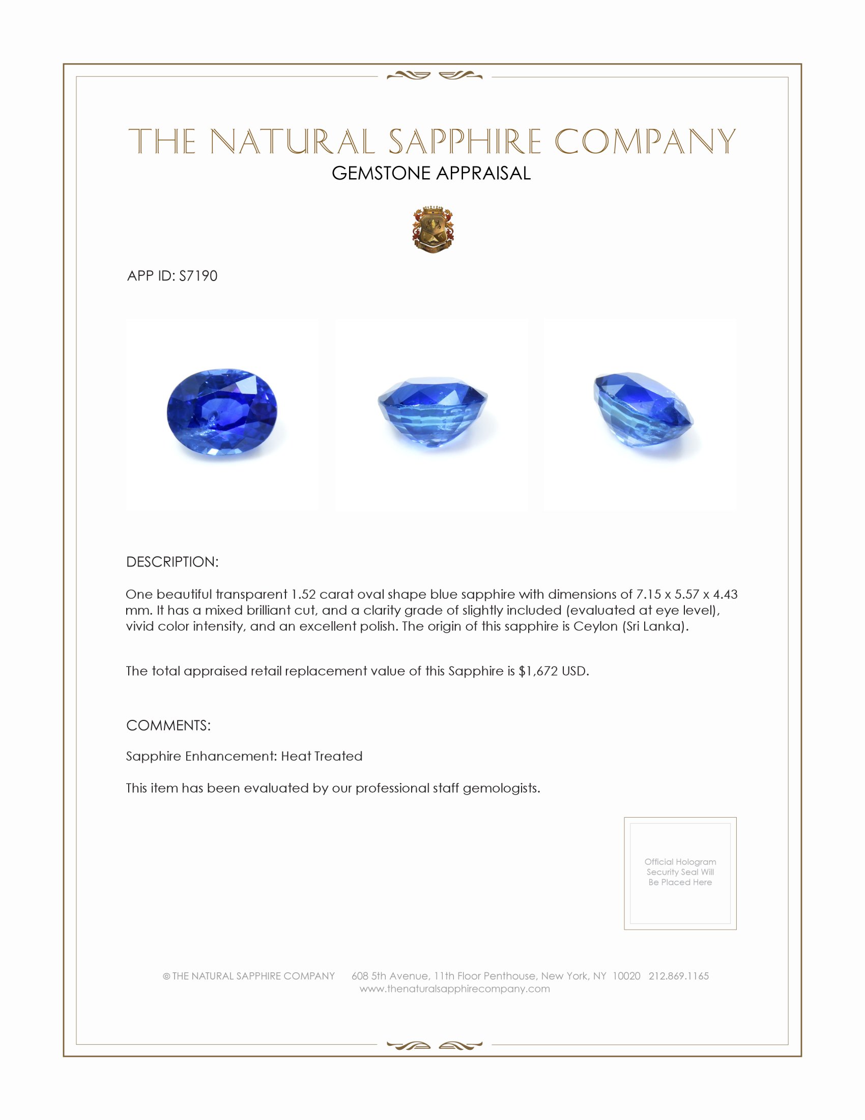 1.52 Ct. Blue Sapphire from Ceylon (Sri Lanka)
