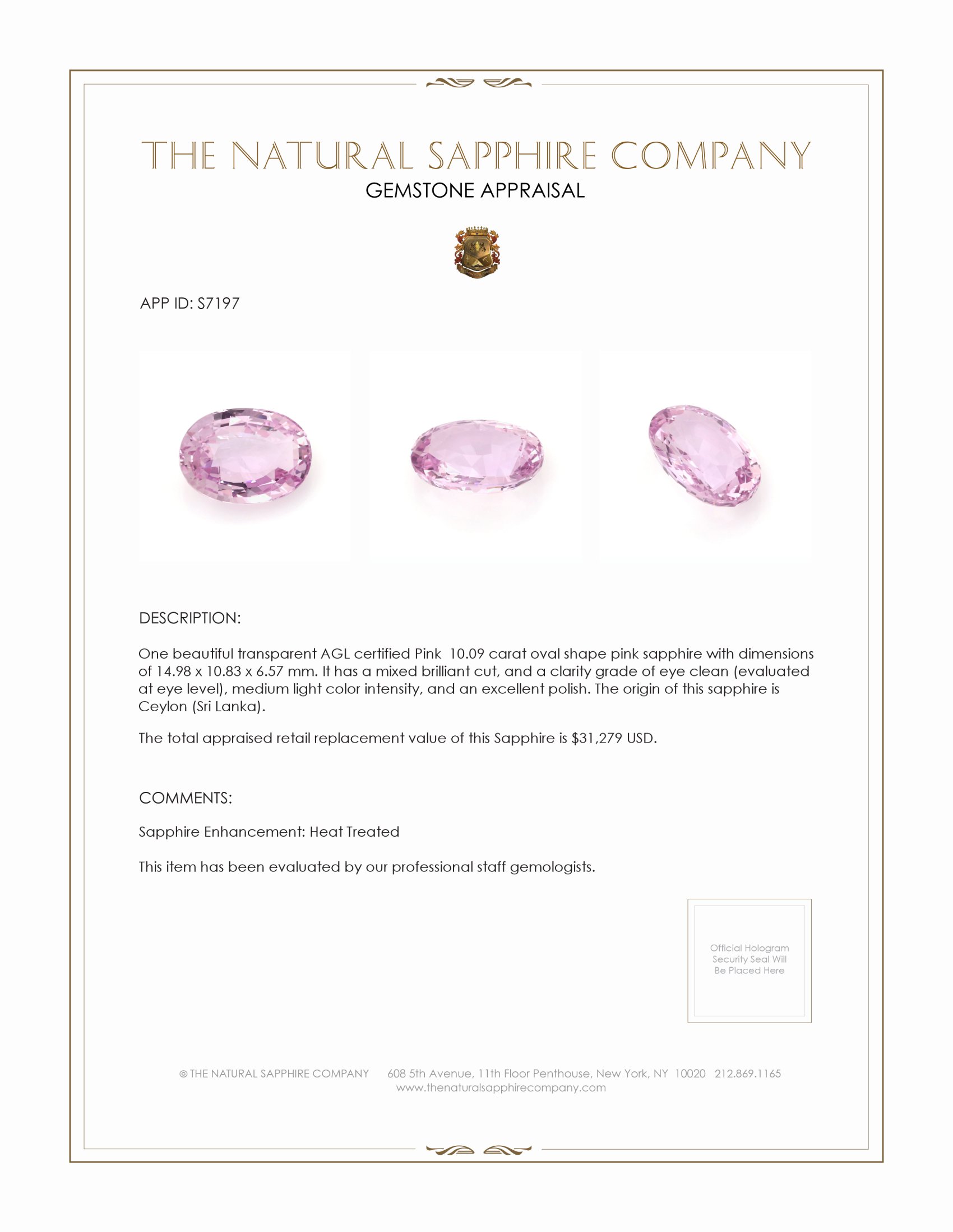 10.09 Ct. Pink Sapphire from Ceylon (Sri Lanka)