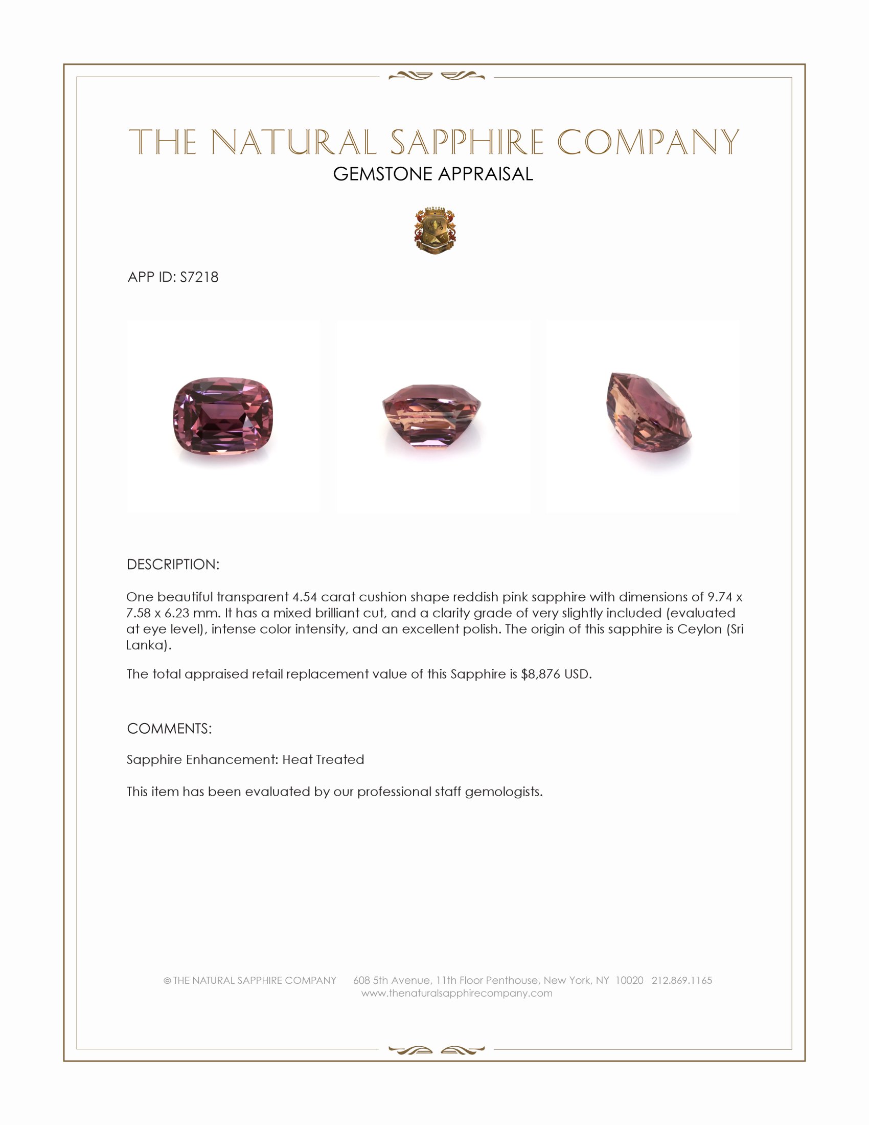 4.54 Ct. Reddish Pink Sapphire from Ceylon (Sri Lanka)