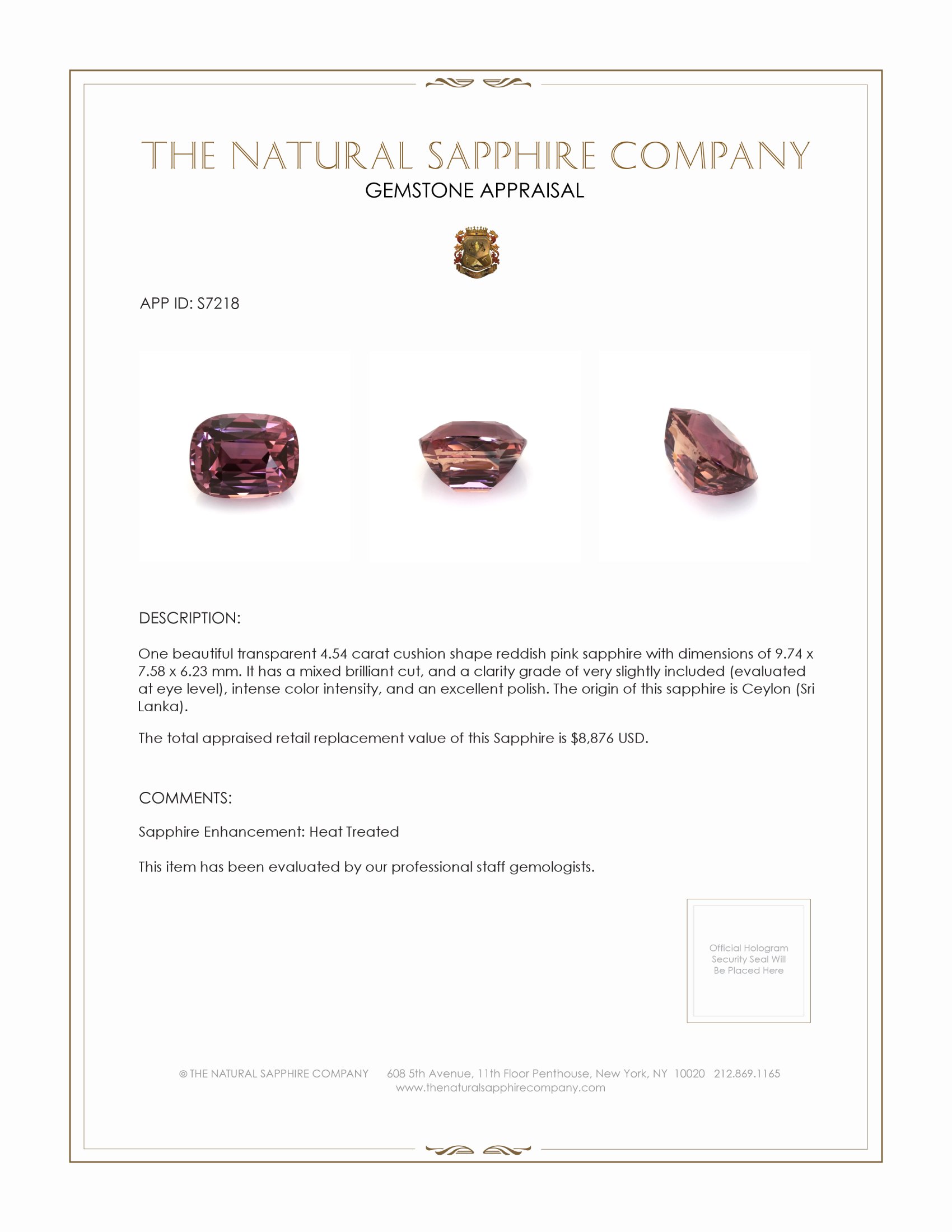 4.54 Ct. Reddish Pink Sapphire from Ceylon (Sri Lanka)