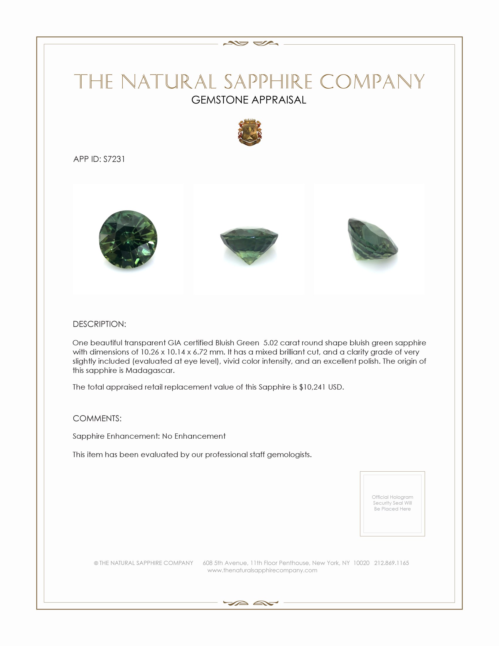 5.02 Ct. Bluish Green Sapphire from Madagascar