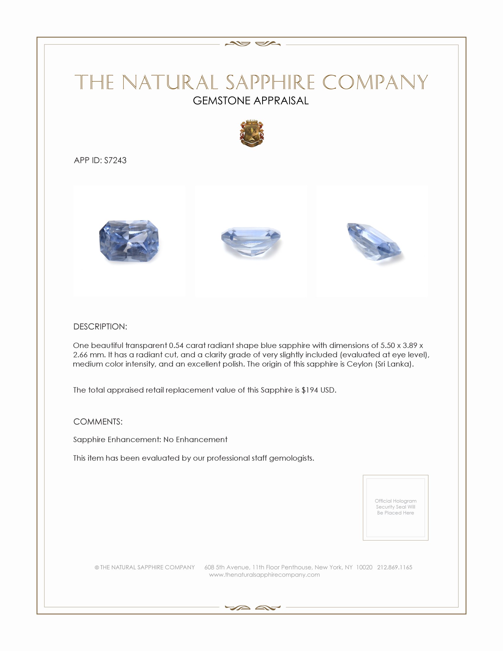 0.54 Ct. Blue Sapphire from Ceylon (Sri Lanka)