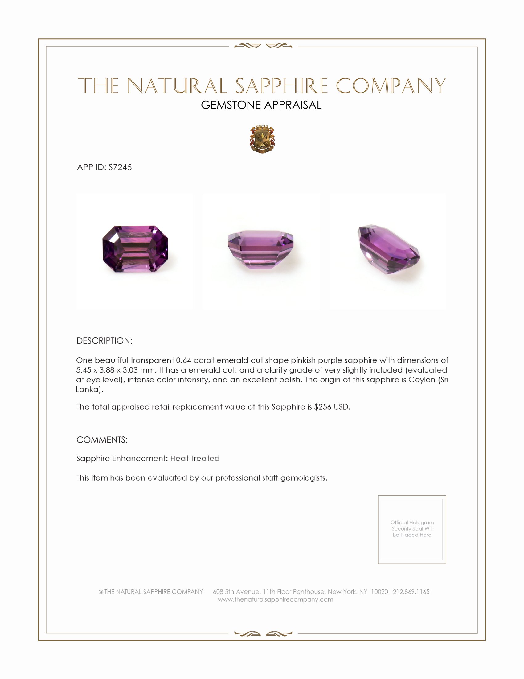0.64 Ct. Pinkish Purple Sapphire from Ceylon (Sri Lanka)