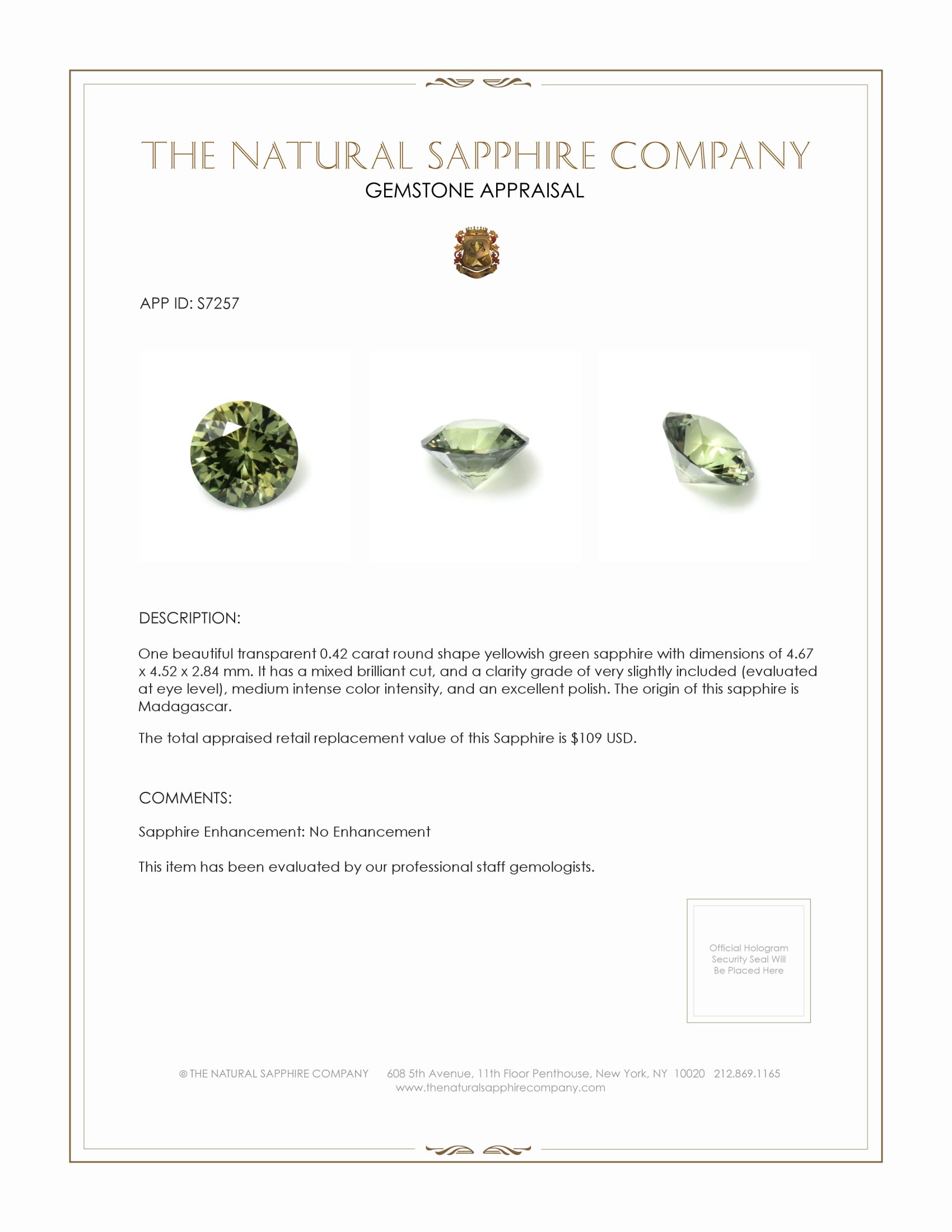 0.42 Ct. Yellowish Green Sapphire from Madagascar