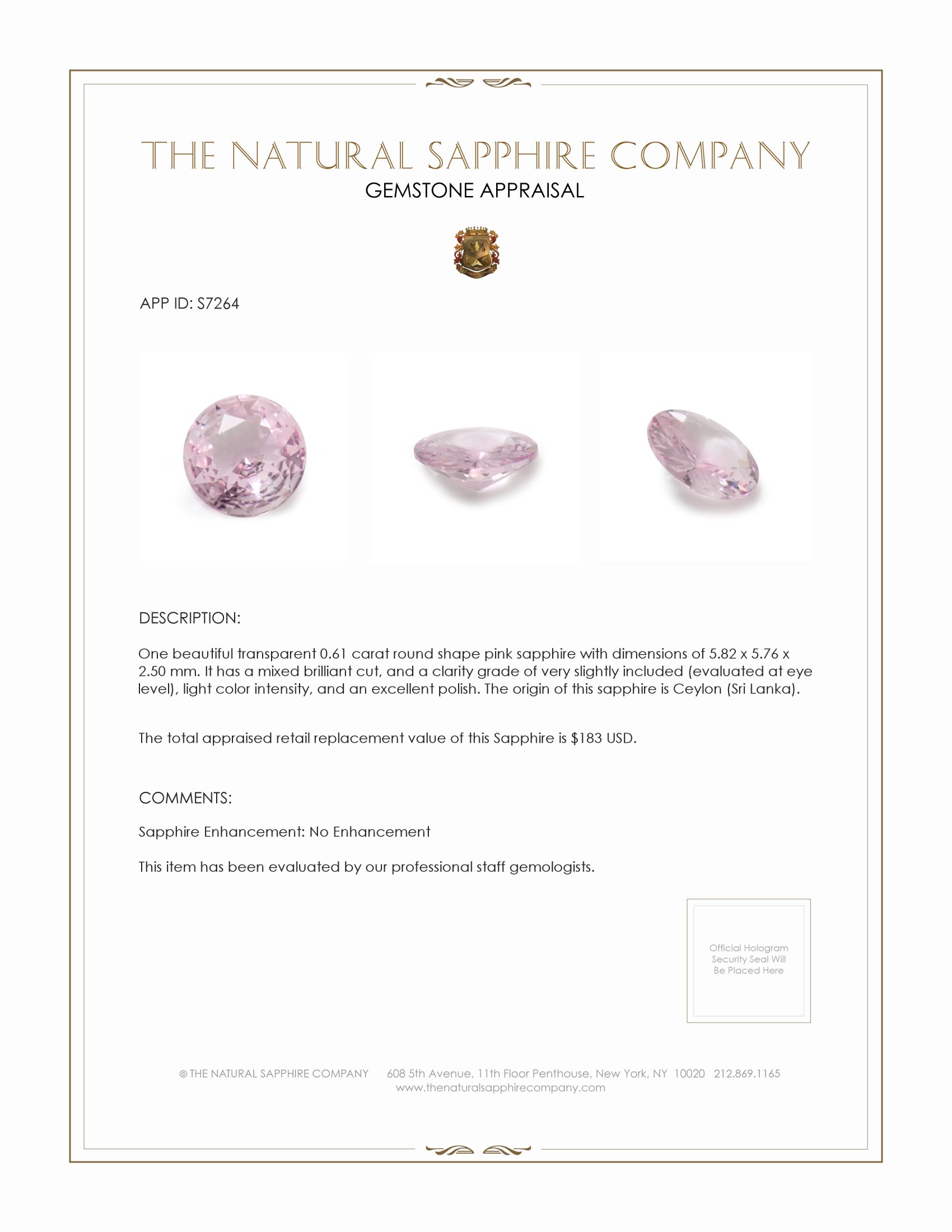 0.61 Ct. Pink Sapphire from Ceylon (Sri Lanka)