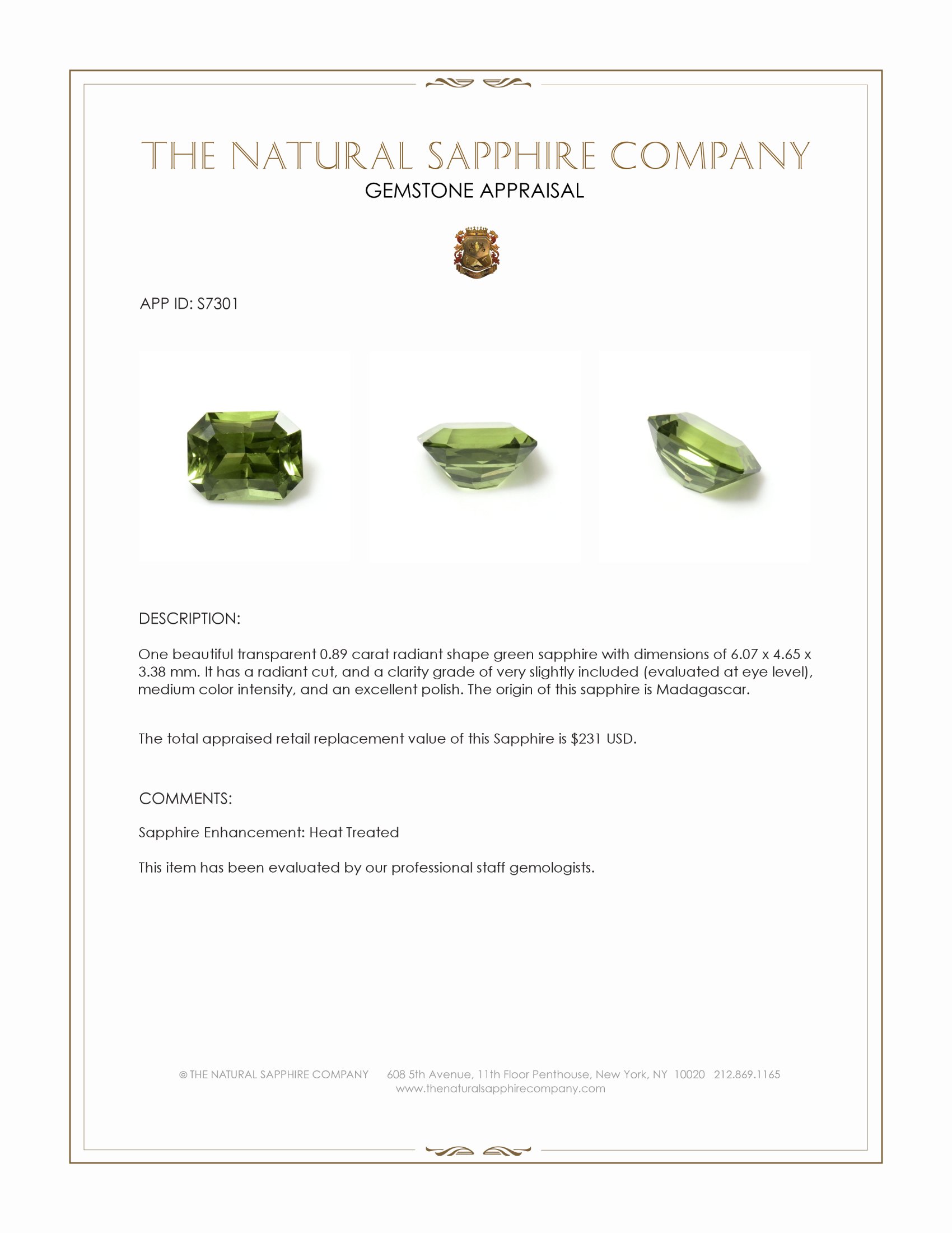 0.89 Ct. Green Sapphire from Madagascar