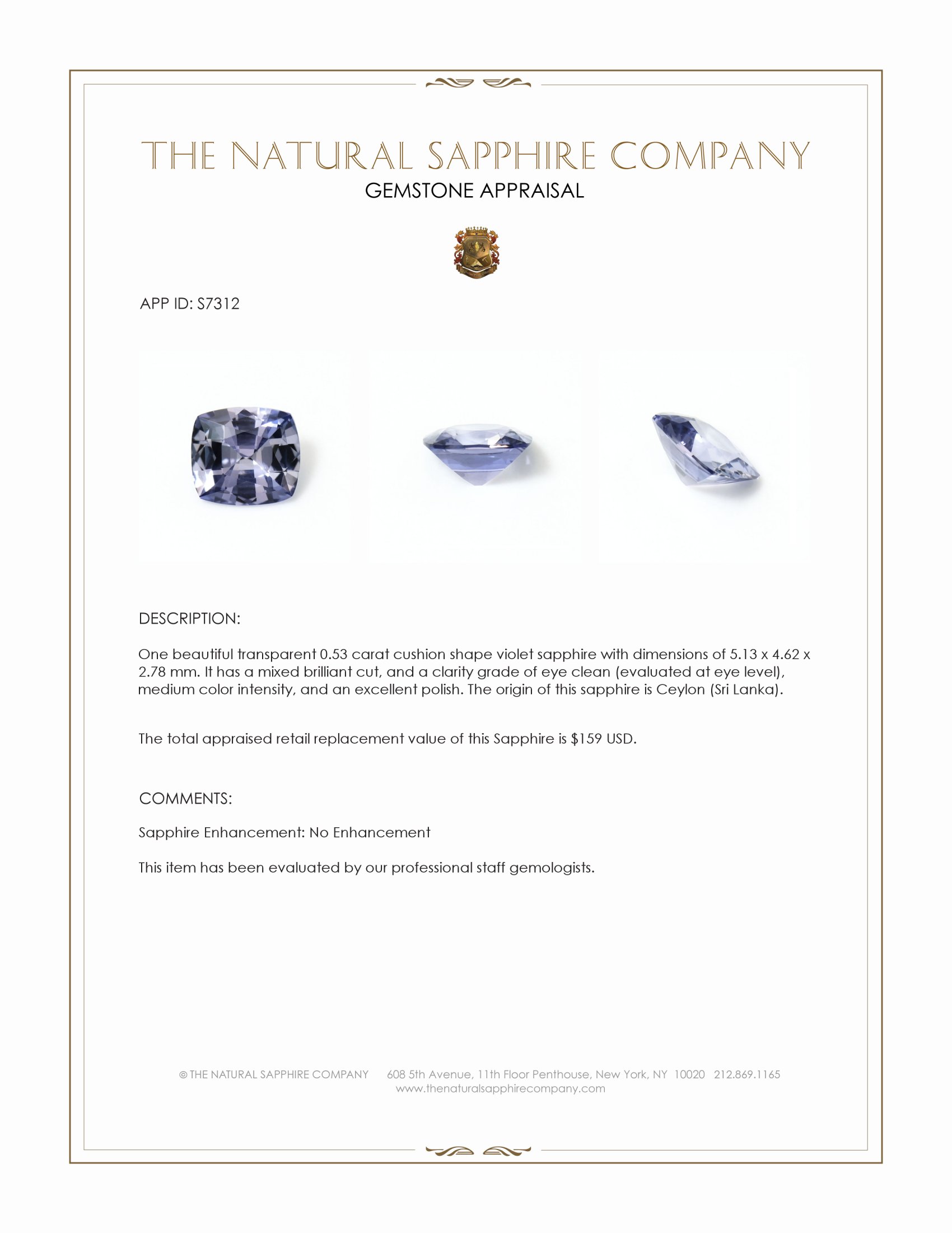 0.53 Ct. Violet Sapphire from Ceylon (Sri Lanka)