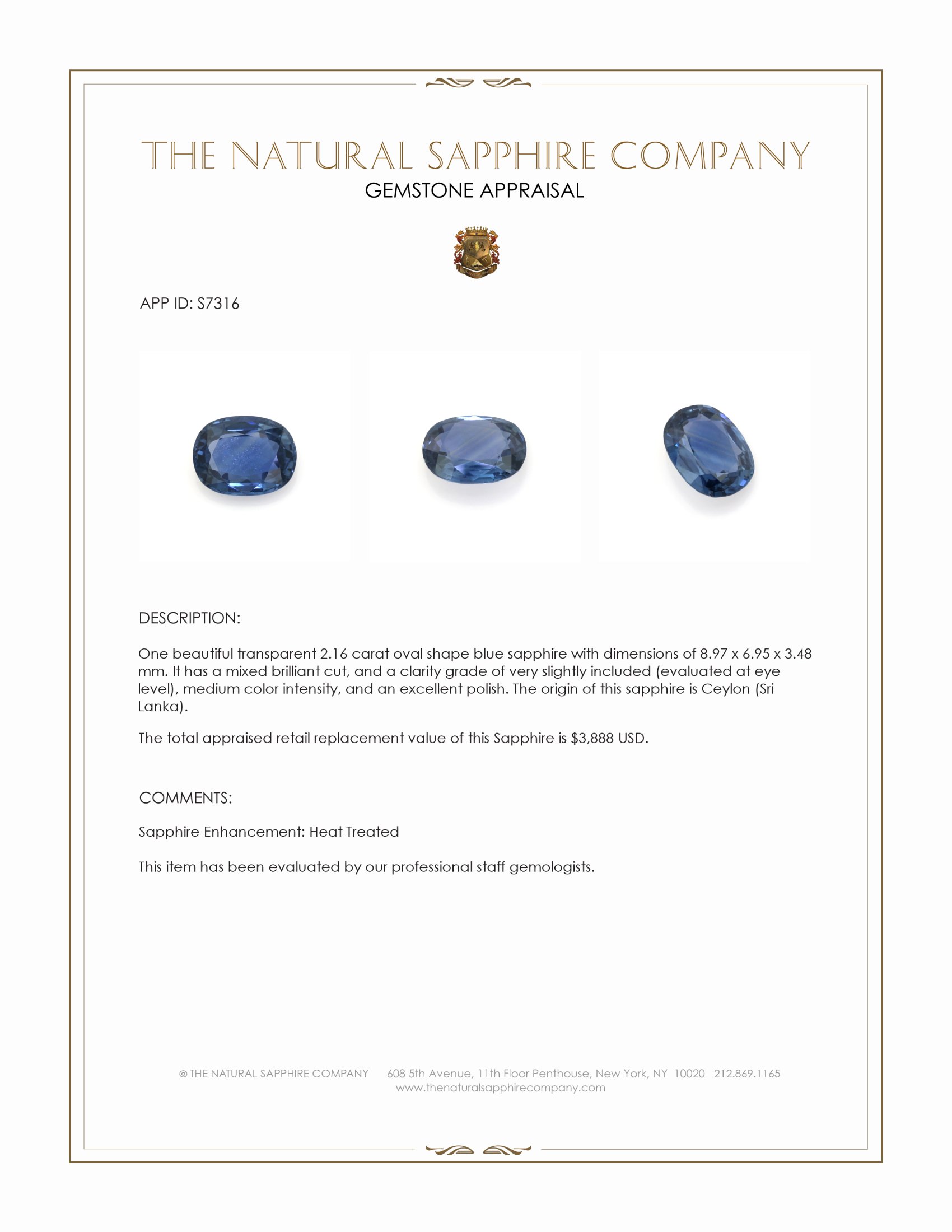 2.16 Ct. Blue Sapphire from Ceylon (Sri Lanka)